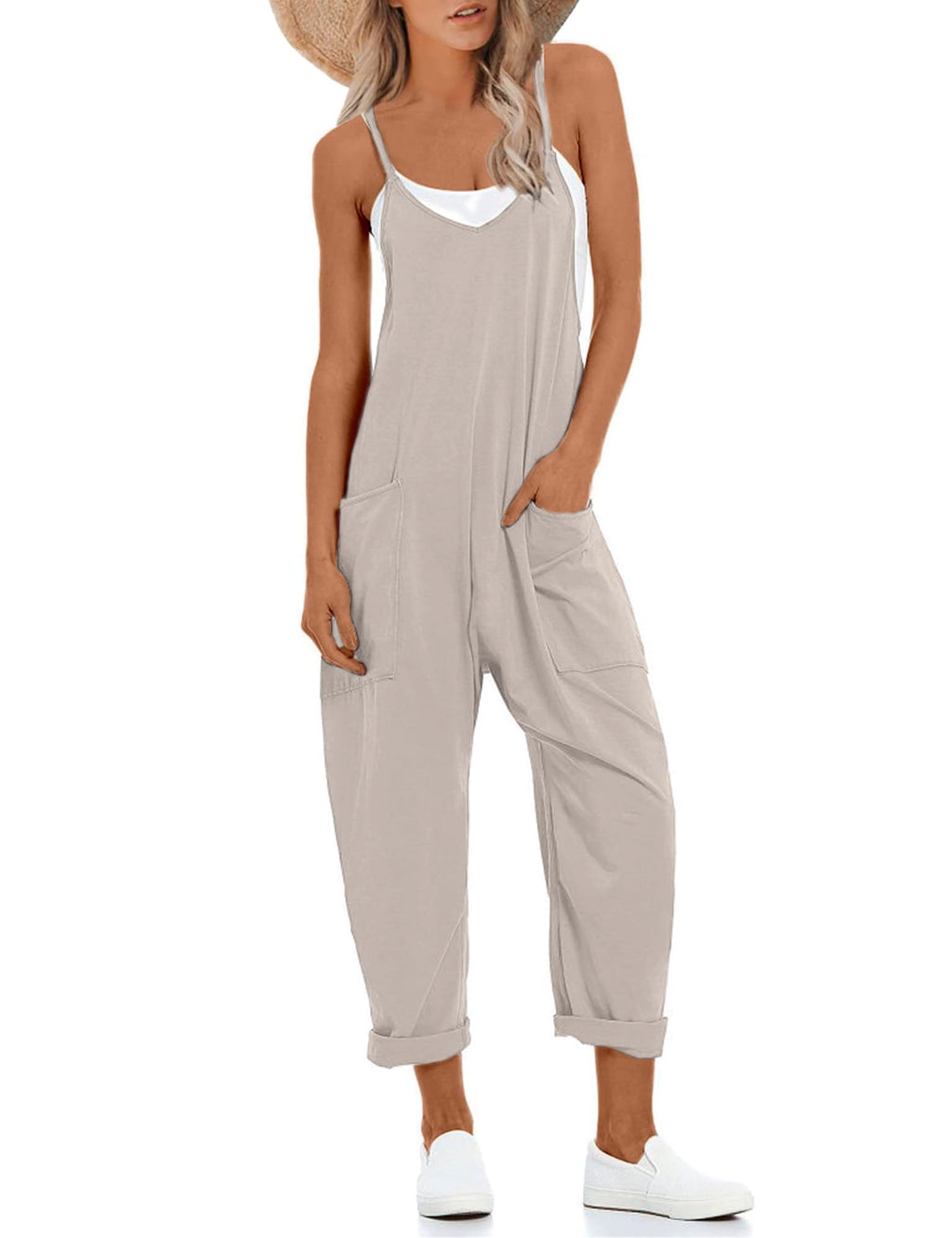Lentta Women's Causal Jumpsuits V Neck Sleeveless Harem Overalls Stretchy Adjustable Strap Romper with Pockets