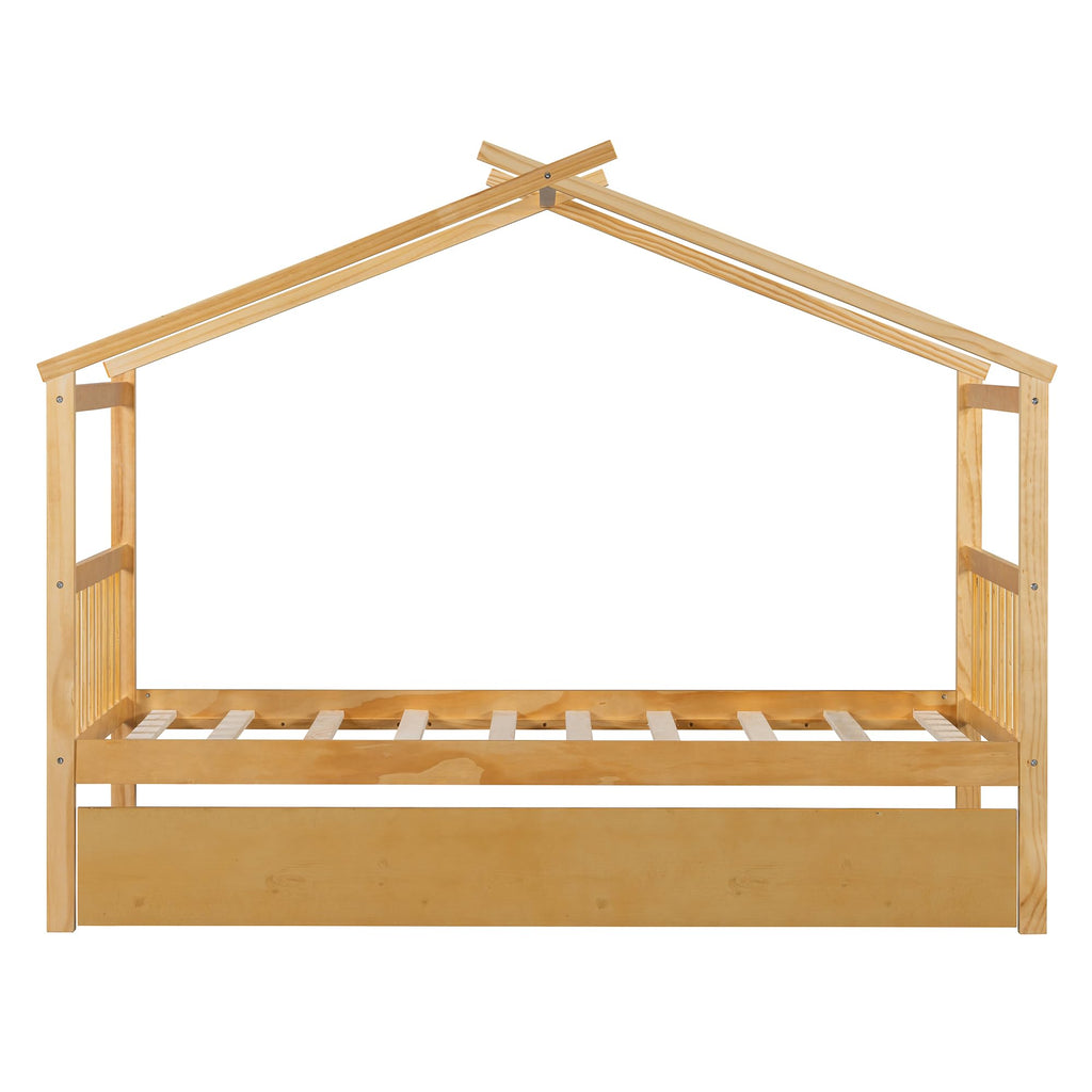 Merax Twin Size Wooden House Bed with Two Drawers, Wood Bed Frame with Roof for Kids, Teens, Boys or Girls, Grey