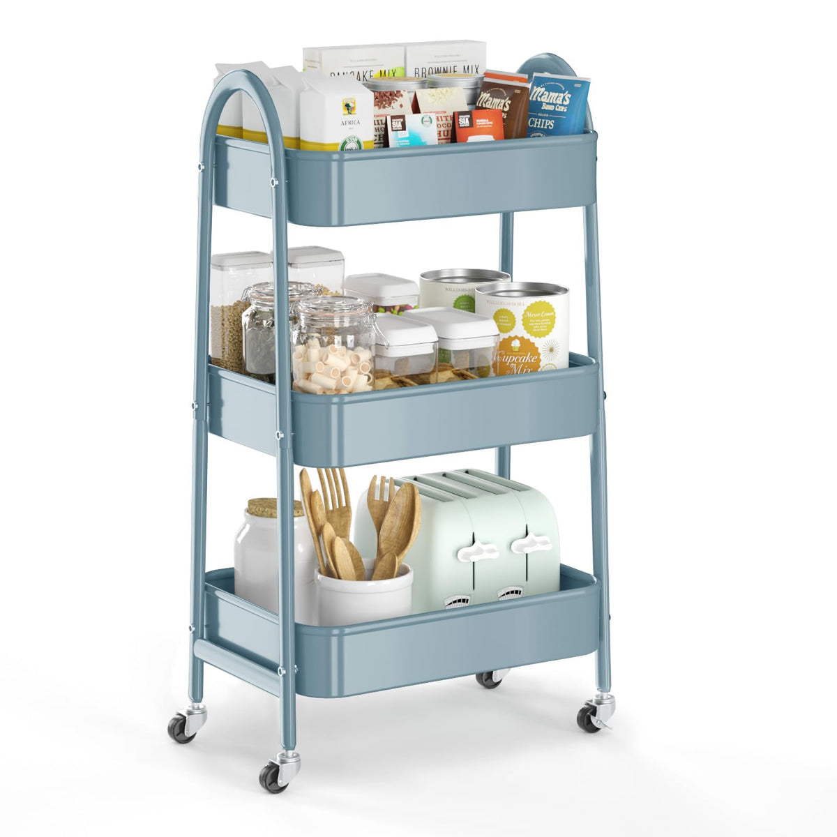 EAGMAK 3 Tier Rolling Cart, Large Metal Storage Cart with Handle and Lockable Wheels, Big Multifunctional Storage Organizer Trolley with Mesh Baskets for Kitchen, Living Room, Office, Garage (Beige)