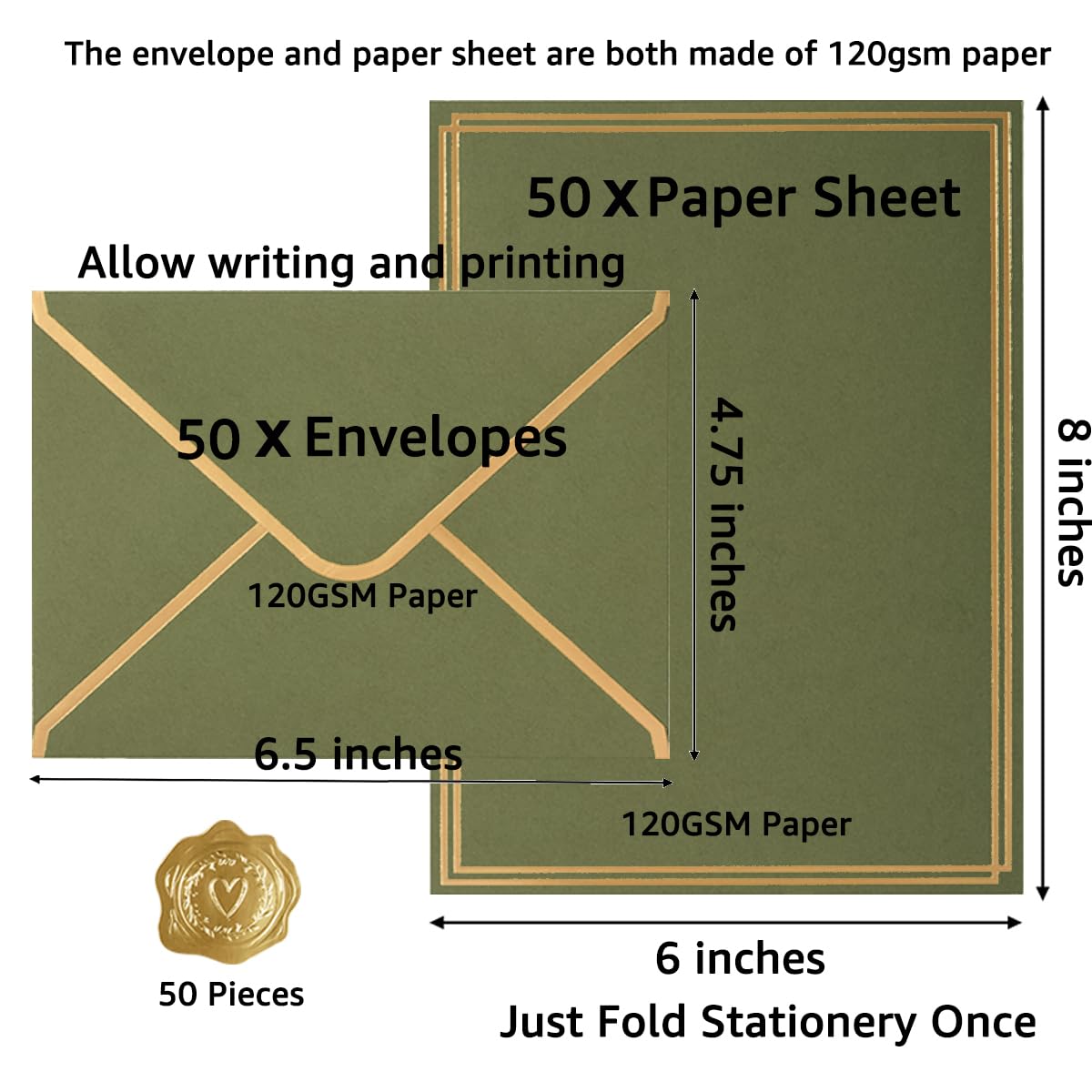 50 Pack Stationery Set with Envelopes, Cream Color, 8.5x11 Inches | Gold Border, #10 Business Envelopes and 8.5x11 Paper Sheets, Stickers for Letter Writing, Invitations