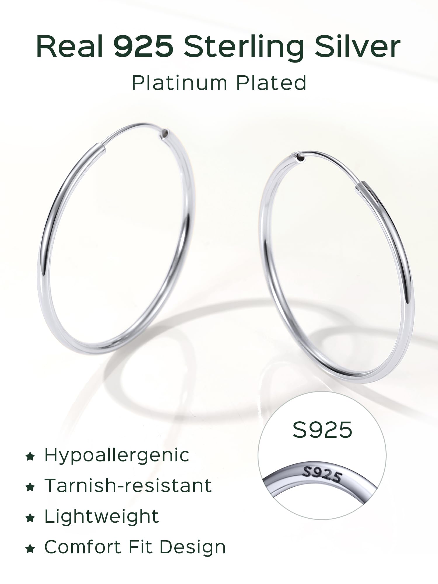 ChicSilver 925 Sterling Silver Hoop Earrings for Women Hypoallergenic, Lightweight Large Gold Plated Silver Hoop Earrings, Endless Hoops Earring 20/30/40/50/60/70MM