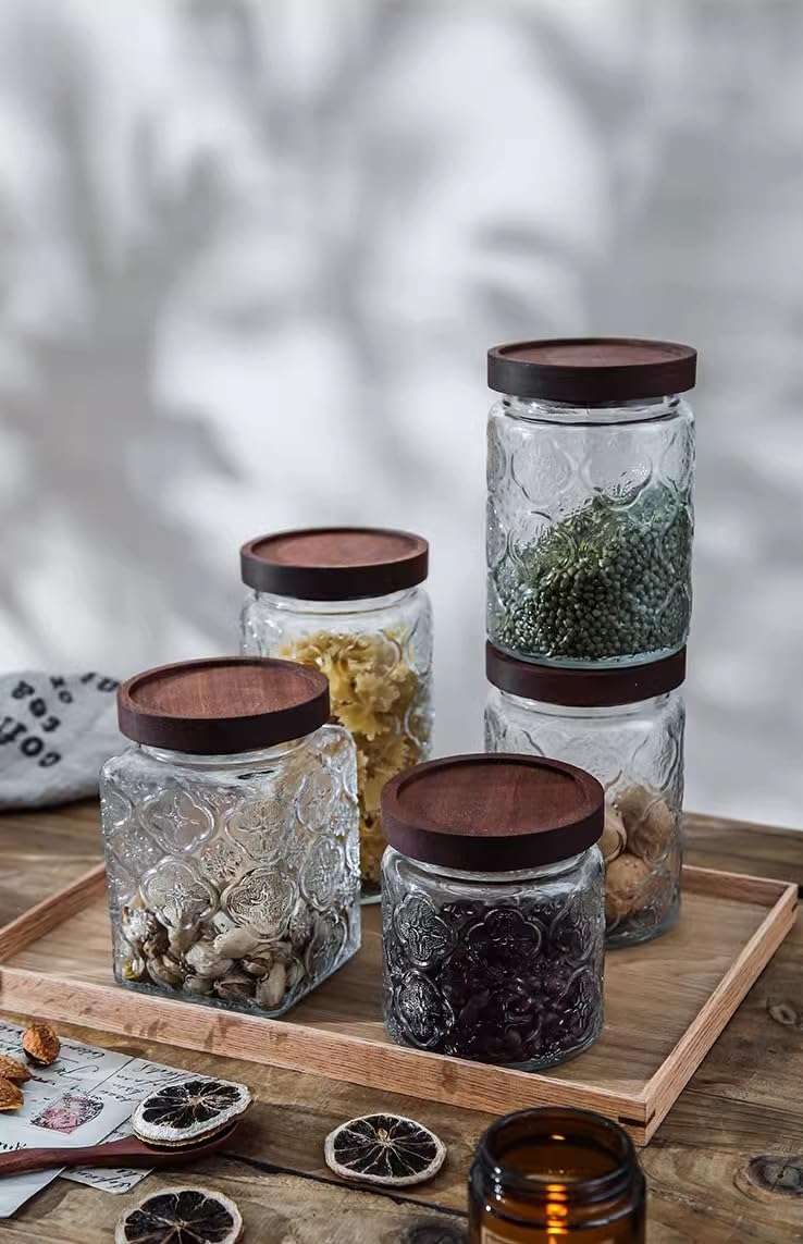Custde Glass Storage Jars With Airtight Lid, 23.7oz Container For Kitchen Counter with Wooden Lid, brown sugar, candy, coffee, cookie, salt, tea, cute Jar (35oz Large Begonia Flowers)