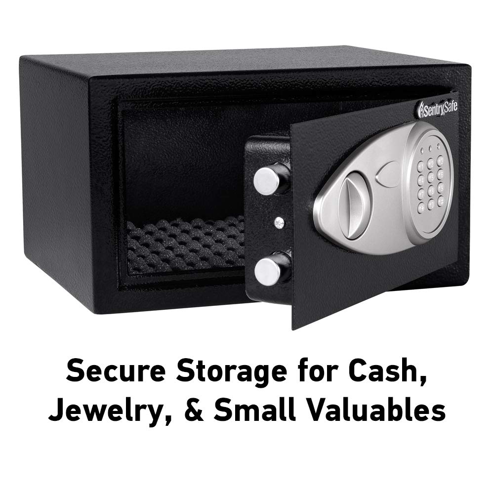 SentrySafe Medium Safe with Digital Keypad, Lock Box with Code has Interior Lining and Bolt Down Kit that Secures Pistol, Money, 0.41 Cubic Feet, 7.6 x 11.4 x 10.4 Inches, X041E