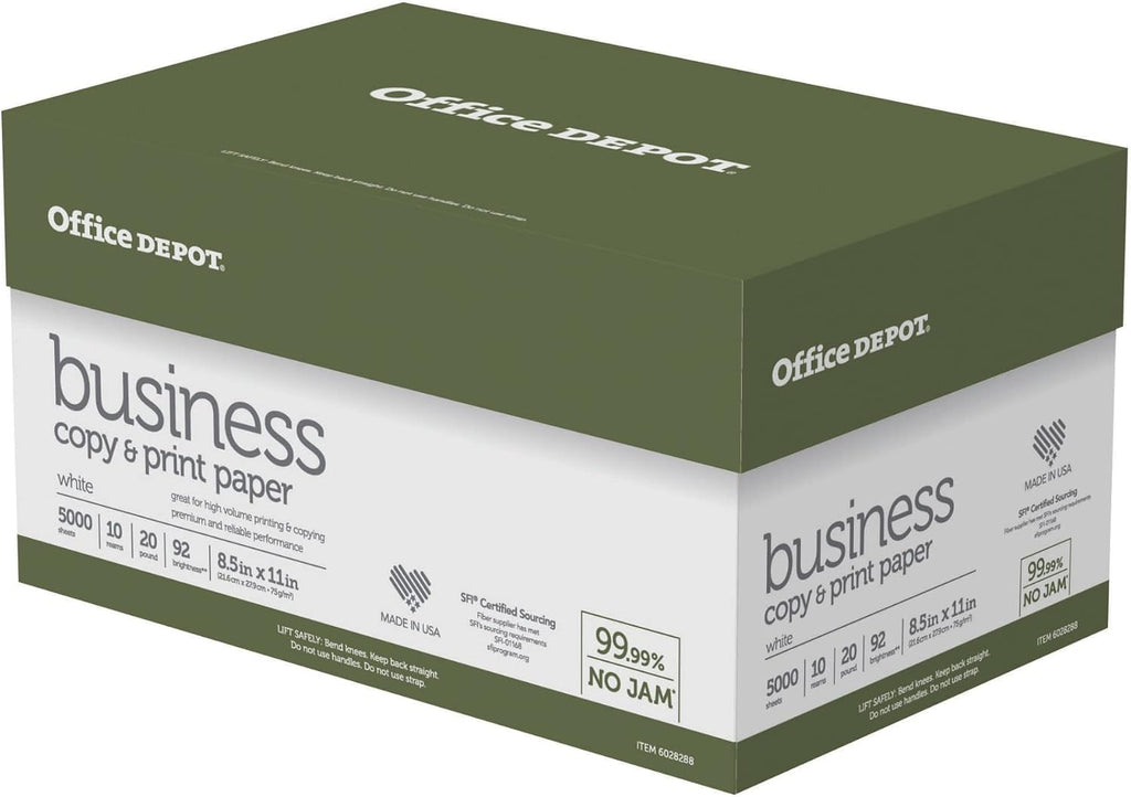 Office Depot Business Multi-Use Printer & Copy Paper, 10 Reams, White, Letter (8.5" x 11"), 5000 Sheets Per Case, 20 Lb, 92 Brightness, 1 Case