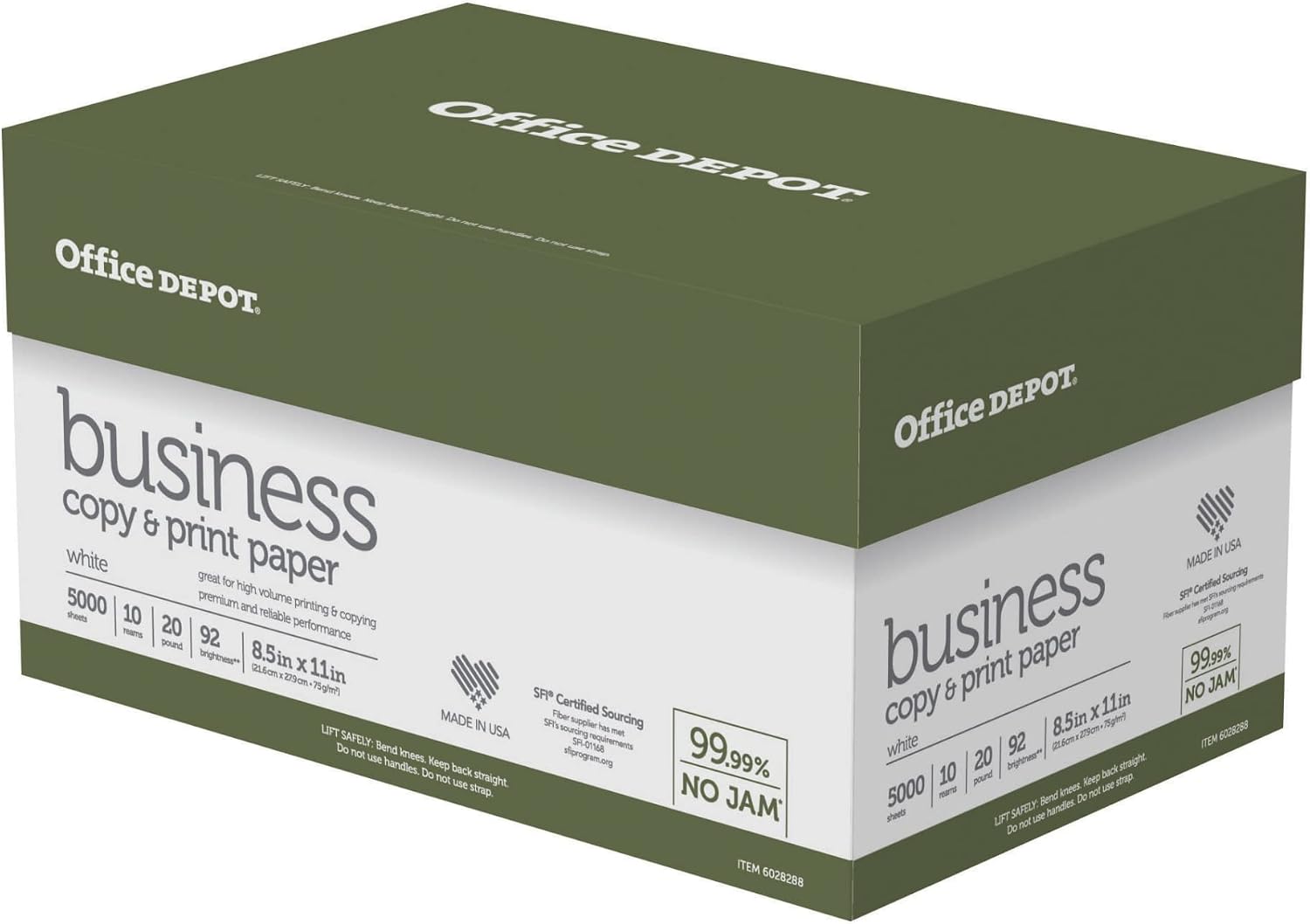 Office Depot Business Multi-Use Printer & Copy Paper, 10 Reams, White, Letter (8.5" x 11"), 5000 Sheets Per Case, 20 Lb, 92 Brightness, 1 Case