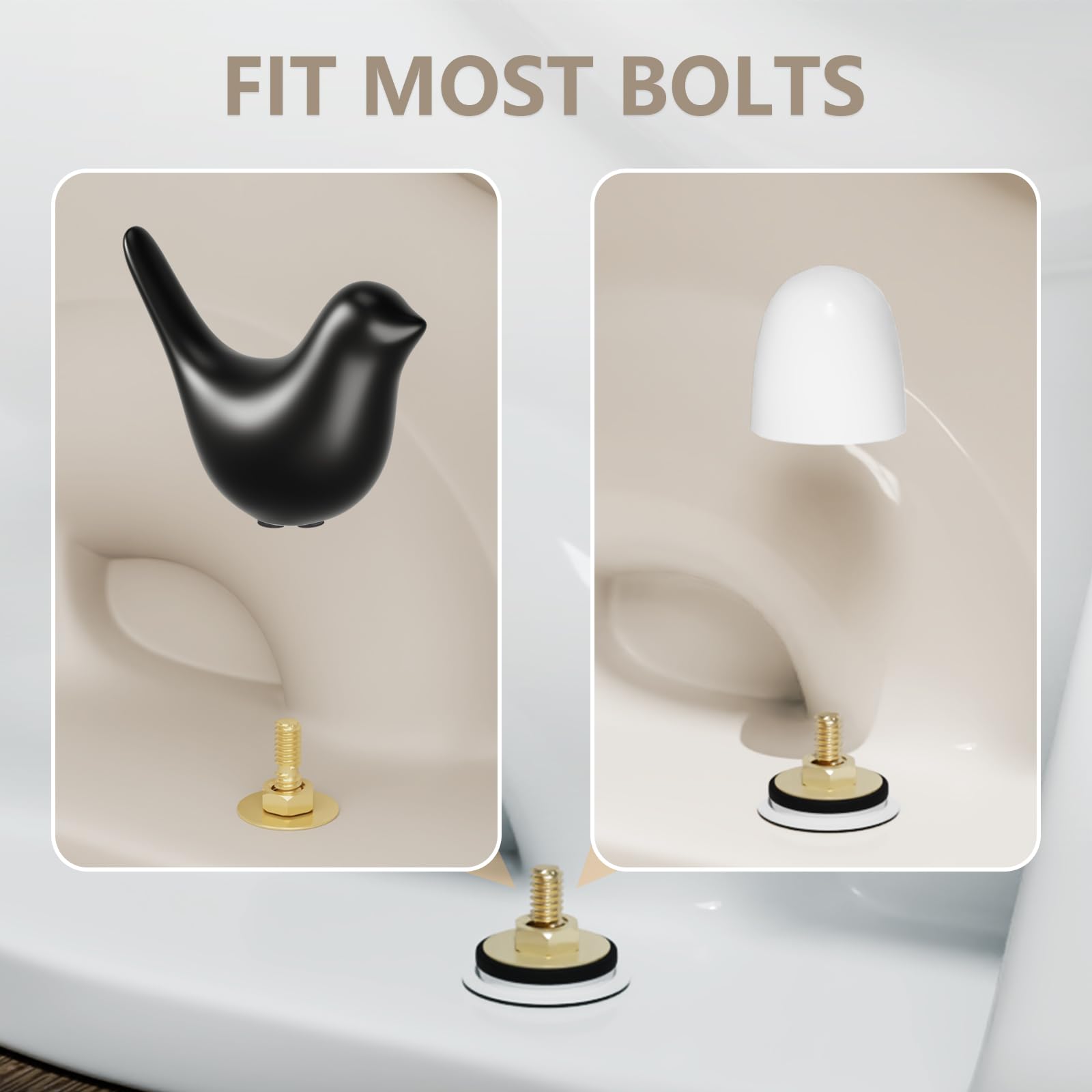 MENNTY Black Polar Bear Toilet Bolt Covers Decorative - 2 Glossy Black Ceramic Toilet Bolt Caps + 4 Universal Toilet Caps for Bottom of Toilet, Modern Monochrome Bathroom Decor
