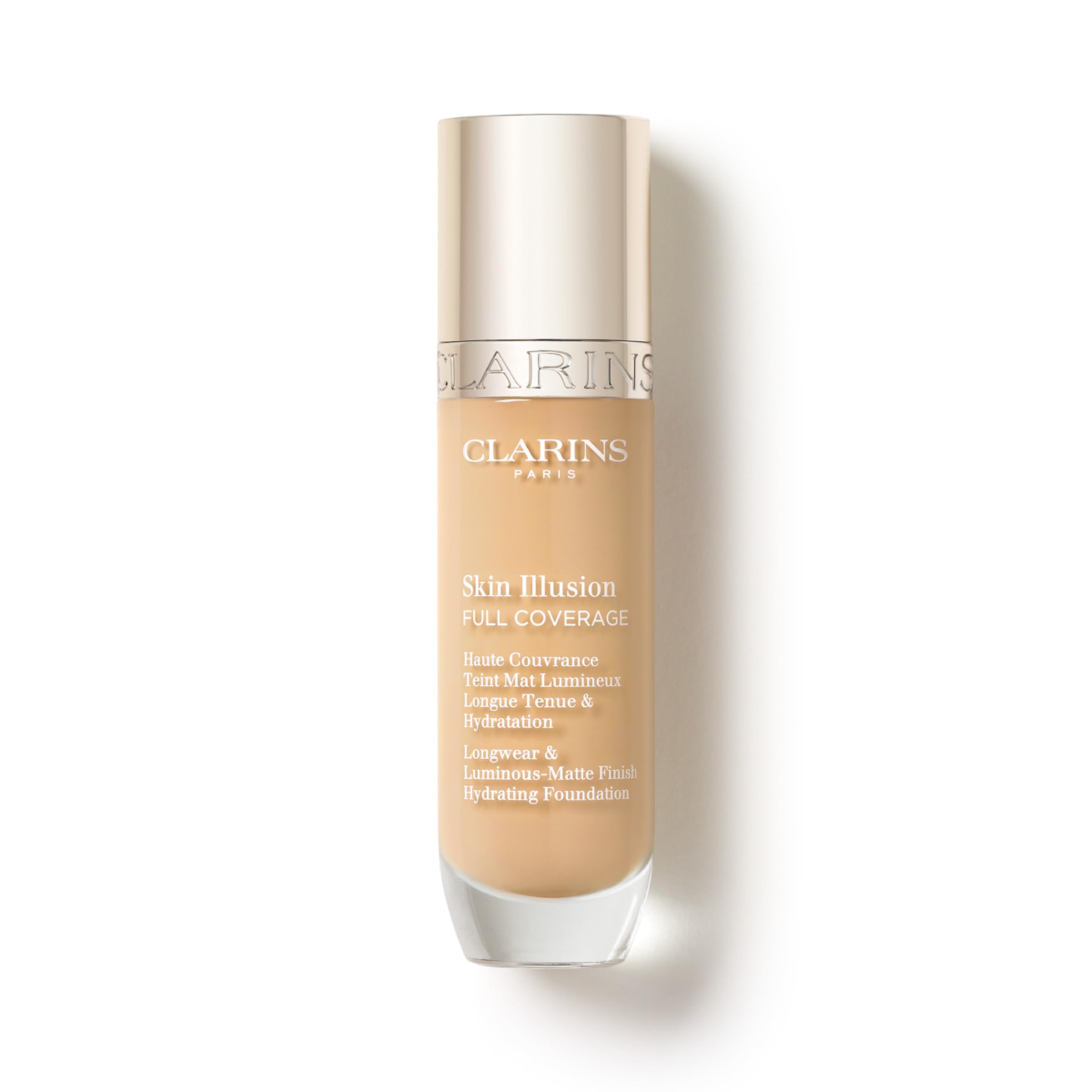 Clarins Skin Illusion Longwear Full Coverage Foundation|Luminous Matte Finish|24H Hold and 24H Hydration|Natural Looking|Transfer, Sweat and Smudge Proof| Contains Hyaluronic Acid|1 Fl Oz