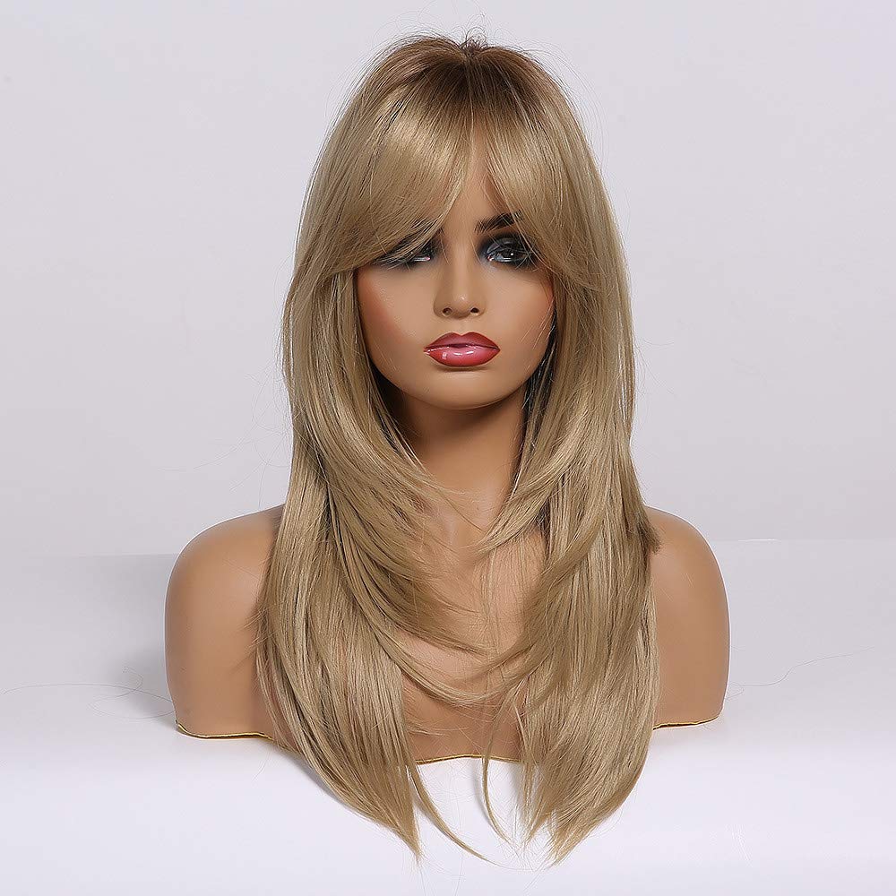 HAIRCUBE Auburn Wigs for Women,Long Layered Orange Wigs with Bangs Heat Resistant Synthetic Fibre Wigs(pelucas de cabello natural)