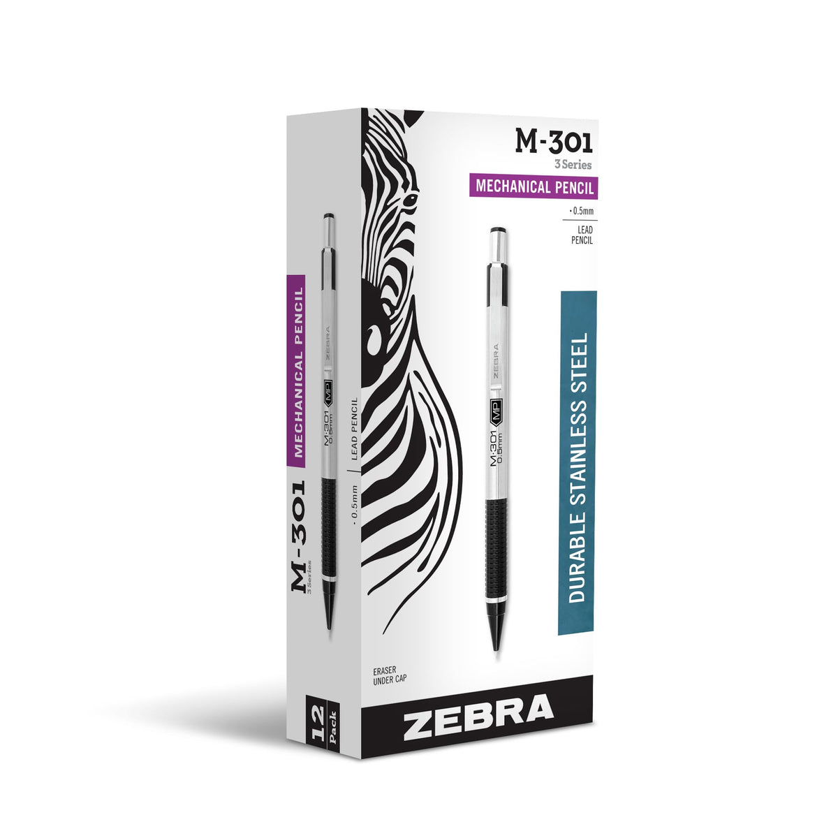 Zebra Pen, STEEL M-301 Mechanical Pencils, 0.5mm Fine Point, Refillable Lead, Stainless Steel Barrel, Built-in Eraser, Durable Clip, Lightweight Precision Pencil for School, Office, 2-Pack (54012)