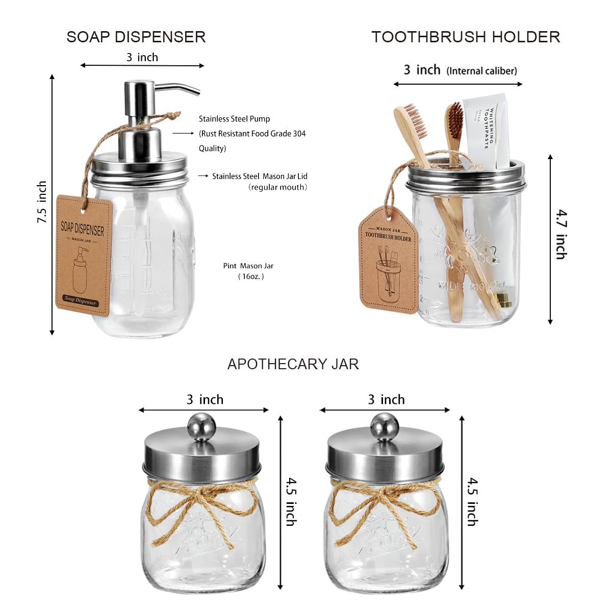 SheeChung 6Pcs Mason Jars Bathroom Accessories Set Complete - Toothbrush Holder, Lotion Soap Dispenser, 2 Mason Jars, Soap Dish, Toilet Paper Basket, Rustic Farmhouse Decor (Black, 6Pcs Bathroom Set)
