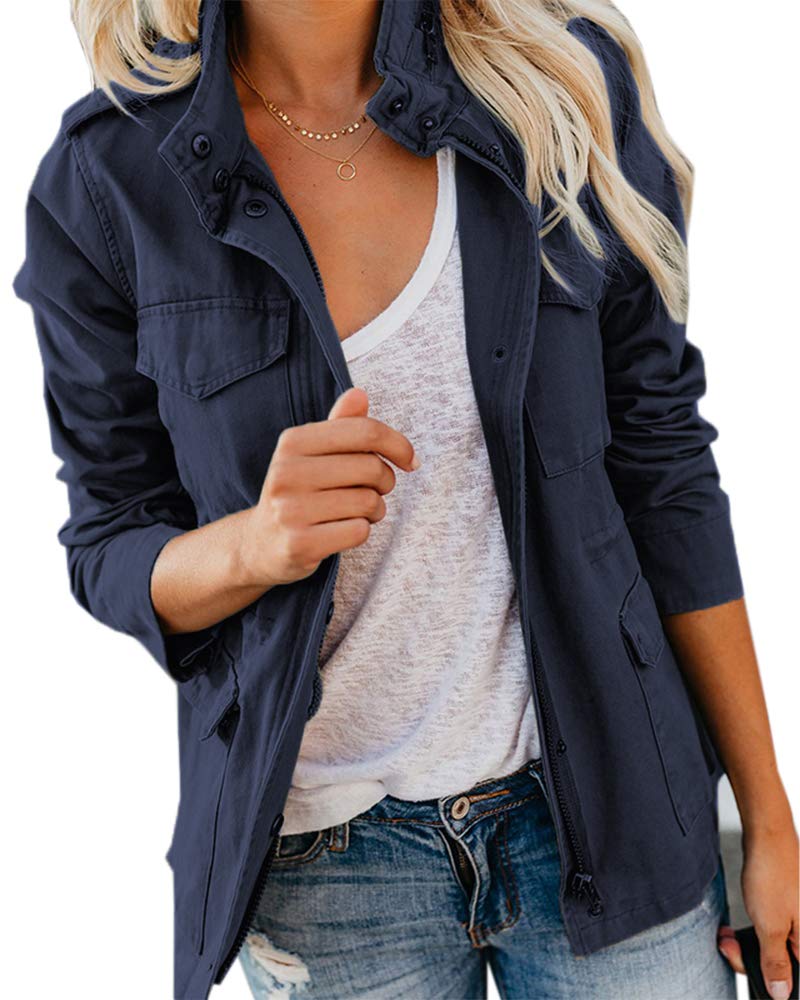 Soulomelody Women Military Anorak Jackets Zip Up Snap Buttons Parka Safari Utility Coats Outwear with Pocket