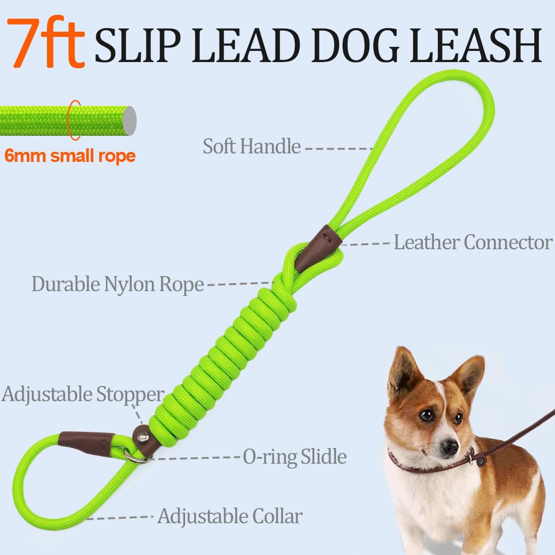 MayPaw Slip Lead Control Leash for Dogs No Pull, 13+ Colors Classic Dog Lead 7 FT Pet Slip Leash, 1/4” Rope Leashes for Small Medium Animals (7ft*1/4", Black)