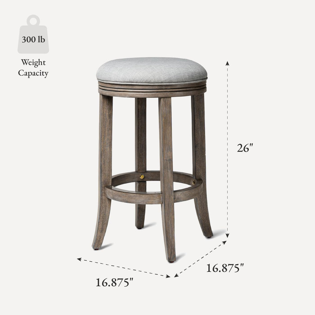 Maven Lane Eva Counter Stool 26 Inches – Round Swivel Stool with Footrest – Grey Solid Wood and Grey Fabric Upholstery – Perfect for Kitchen Islands and Counters