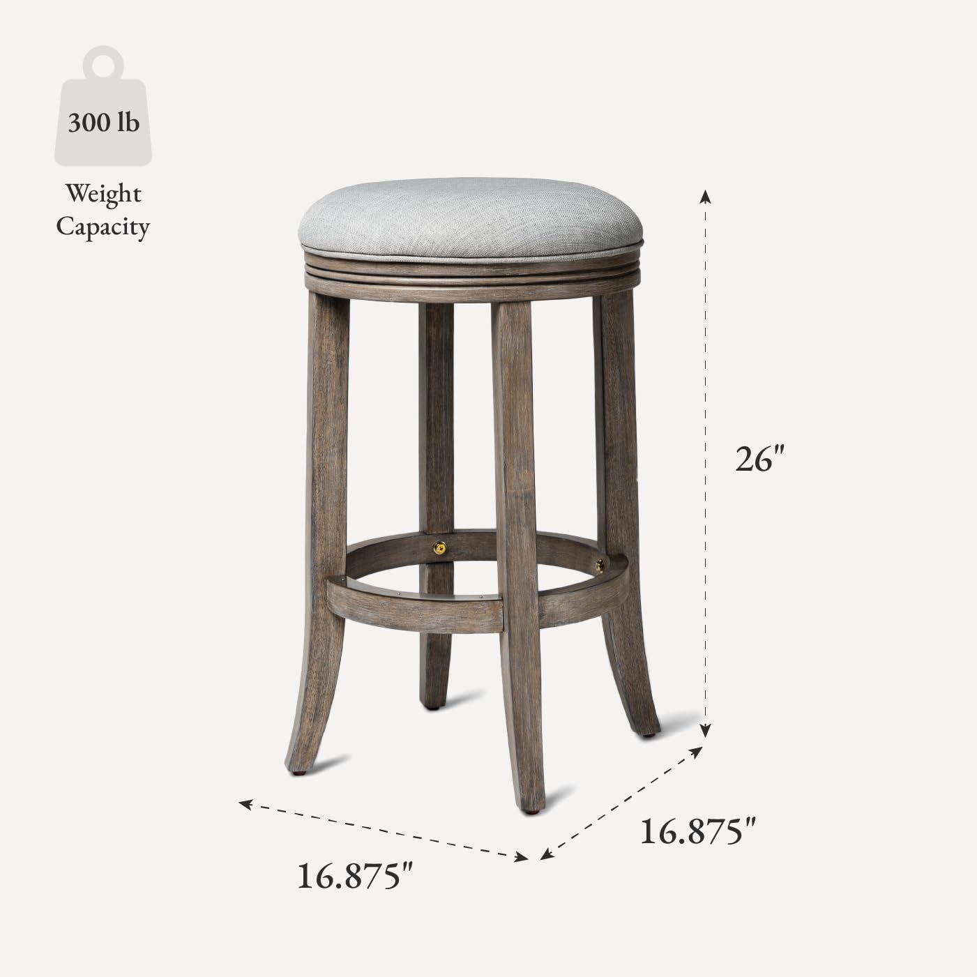 Maven Lane Eva Counter Stool 26 Inches – Round Swivel Stool with Footrest – Grey Solid Wood and Grey Fabric Upholstery – Perfect for Kitchen Islands and Counters