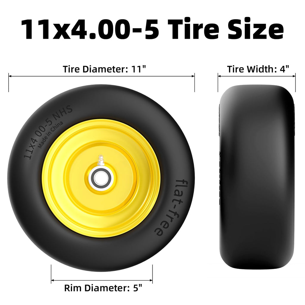 RONPOW 11x4.00-5 Lawn Mower Tires Flat Free and Wheel, 11x4-5 Solid Front Tires for Zero Turn Mower, 350Lbs Load, 3/4", 5/8" and 1/2" Bearings, 3.4"-5.8" Hub for Residential Commercial, 2Pack Gray