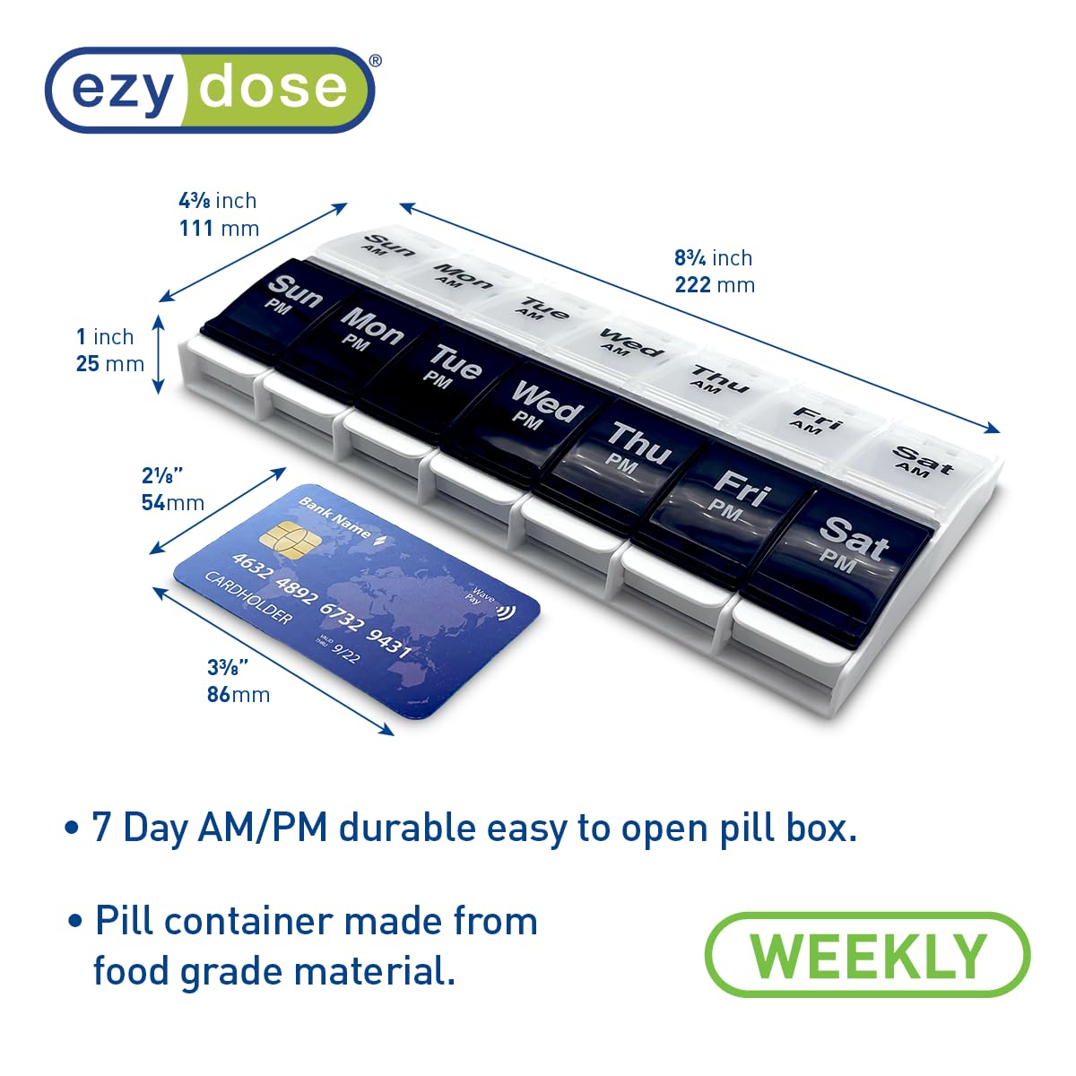 EZY DOSE Push Button (7-Day) Pill Case, Medicine Planner, Vitamin Organizer, 2 Times a Day, AM/PM Container, X-Large Compartments, Arthritis Friendly, Easy to Use, Transparent Lids, Black, BPA Free