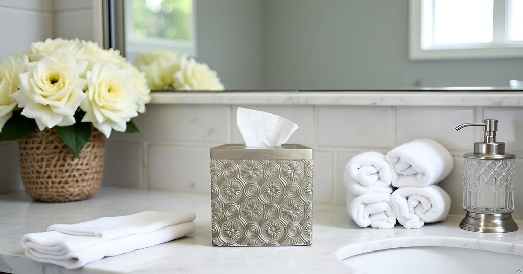 Hymmah Square Tissue Box Cover Holder with Tray,Unique Cube Design Tissue Dispenser Cover Decor for Vanity Counter Tops Also Great for Bedroom and Living Room