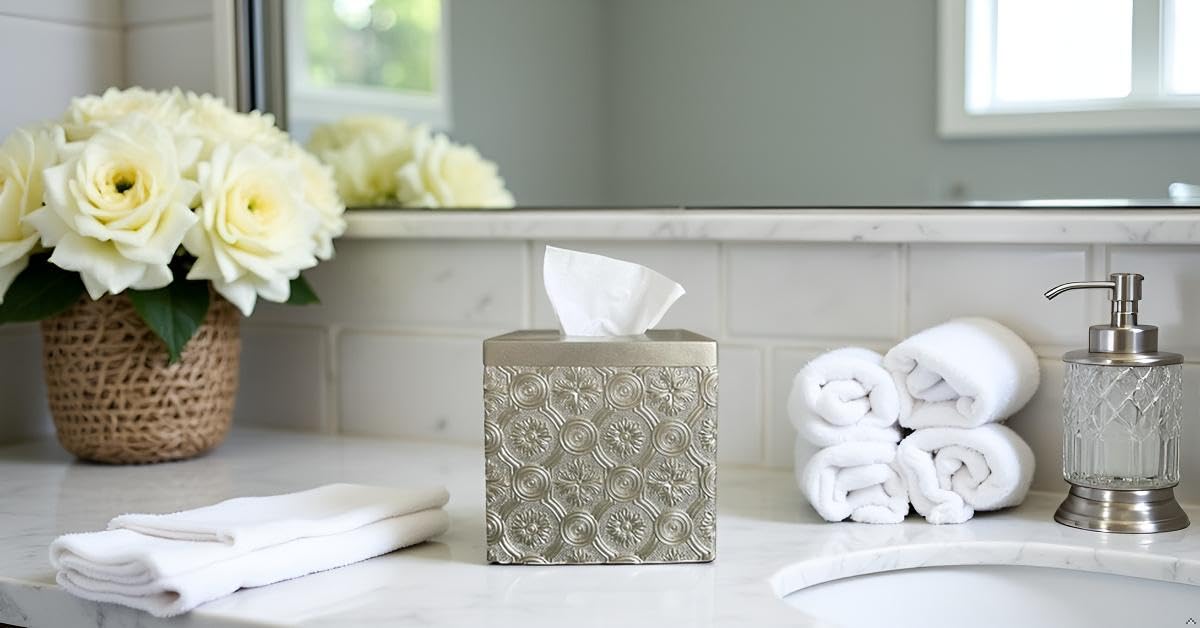 Hymmah Square Tissue Box Cover Holder with Tray,Unique Cube Design Tissue Dispenser Cover Decor for Vanity Counter Tops Also Great for Bedroom and Living Room