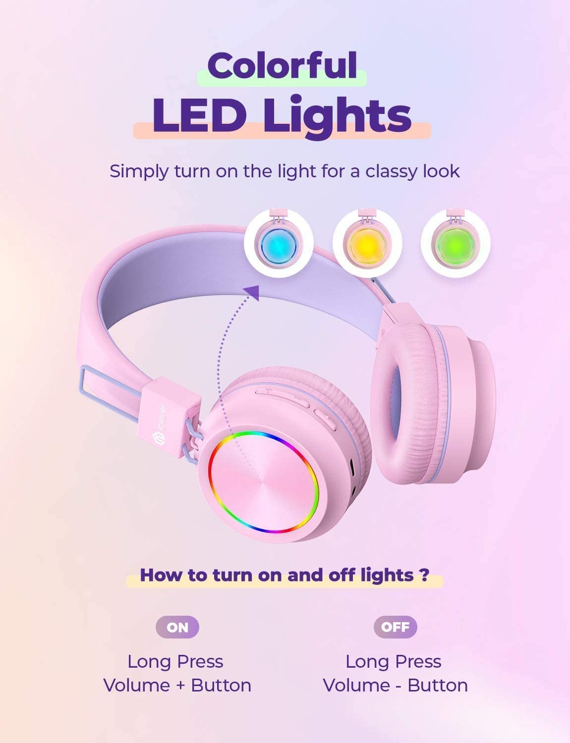 iClever BTH03 Kids Bluetooth Headphones, Colorful LED Lights,35H Playtime, Bluetooth 5.4, Type C Fast Charging, Stereo Sound Mic,On Ear Kids Wireless Headphones for iPad Airplane (Blue&Pink, 2 Pack)