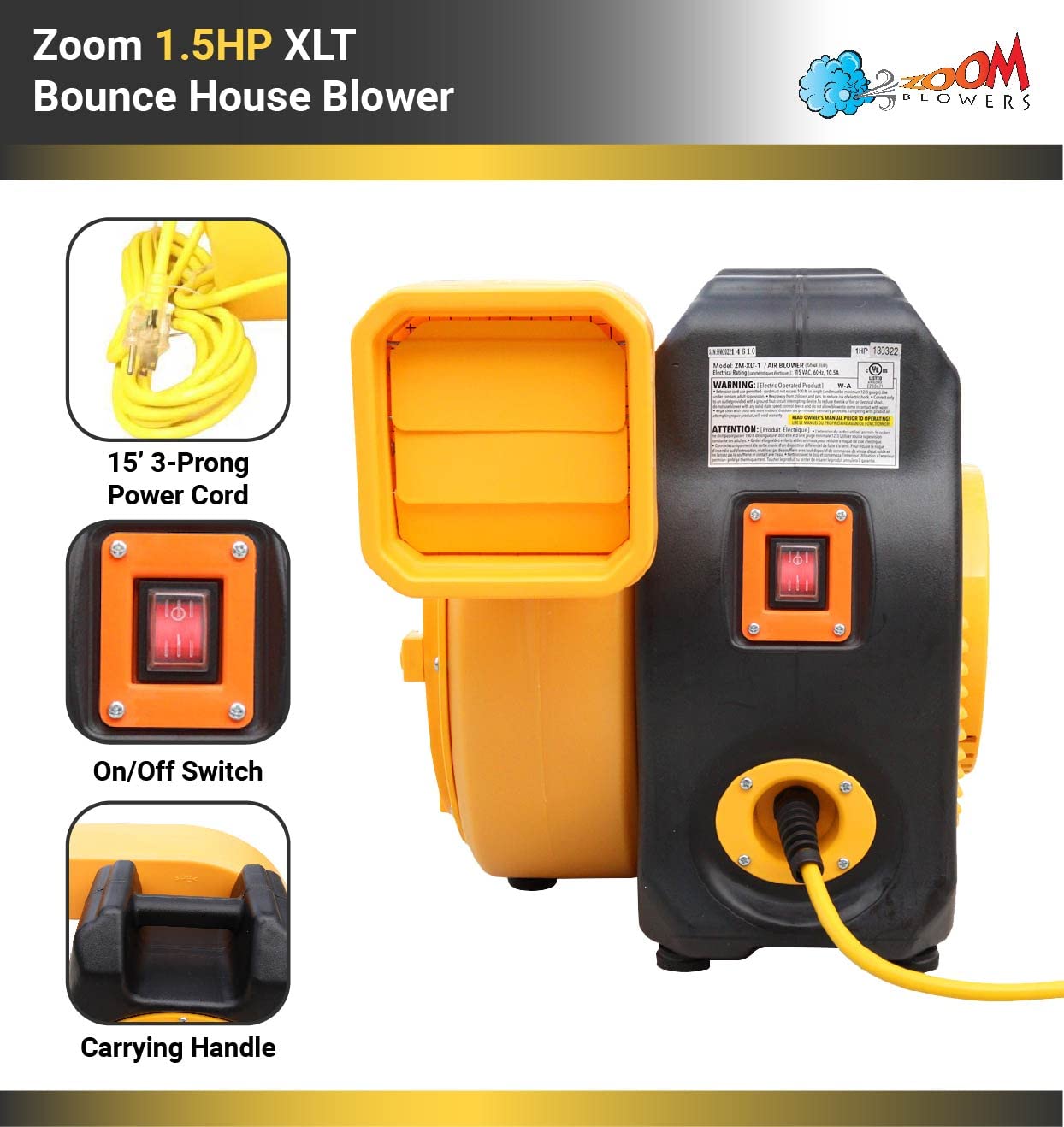 Zoom Blowers XLT Inflatable Bounce House Blower for Bouncy Jump Castle, Water Slides, and Obstacle Course, Electric, Energy Efficient, Low Amp Draw, Commercial-Grade