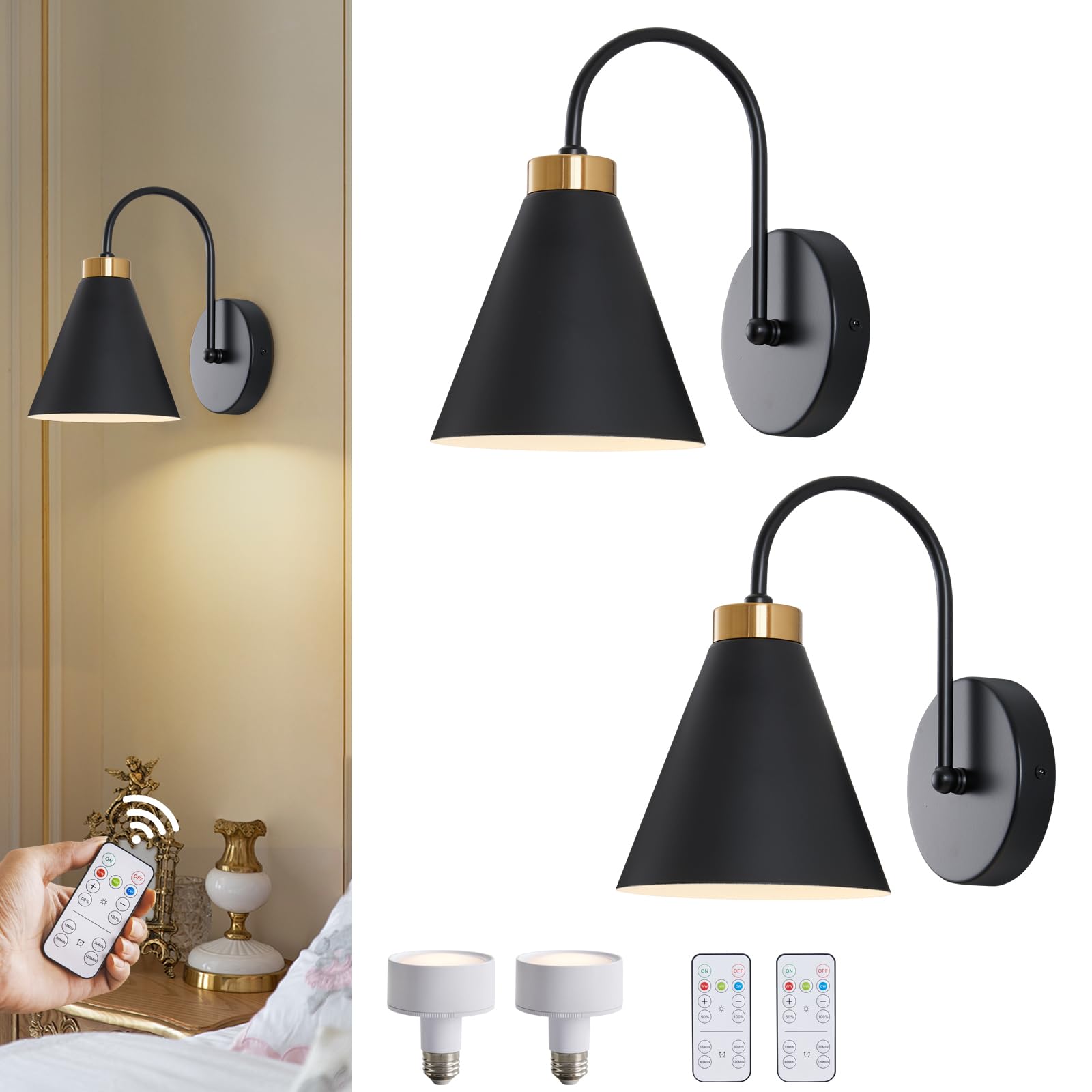 Powfloven Vintage Rechargeable Wall Sconces Set of 2, Battery Operated Bedside Wall Lamps with Remote Control, Wireless Gooseneck Indoor LED Lights Fixture for Bedroom Hallway, Black