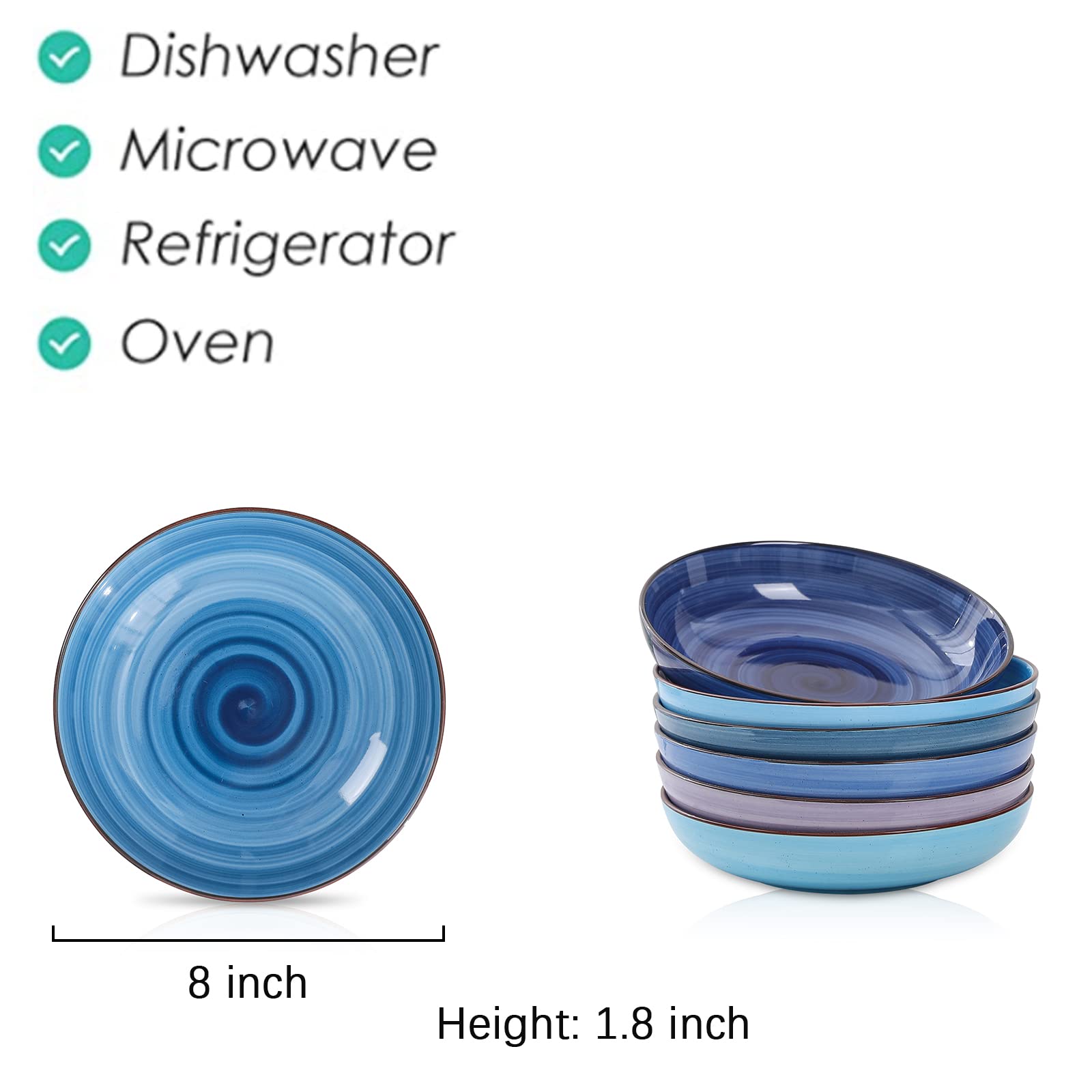 Selamica Ceramic 7.8 inch pasta bowls, 26 Ounce large serving porcelain salad soup bowls, dishwasher microwave safe, set of 6 (Black)