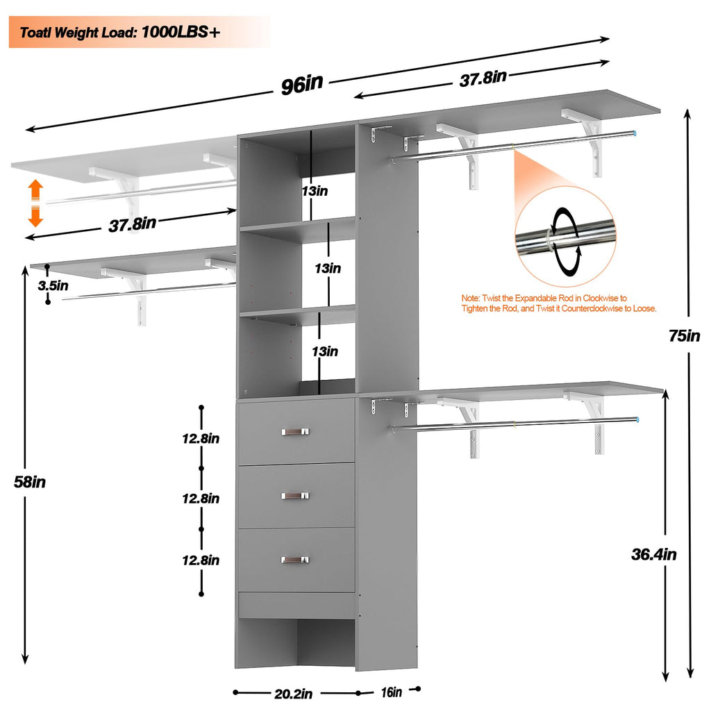 iSunirm 8FT Closet System, 96'' Closet Organizer System with 3 Hanging Rods, Wall Mount Bedroom Wardrobe with 3 Drawers Walk-in Closet, Adjustable Cloth Garment Rack from 5 to 8FT (Cut to Fit), Black