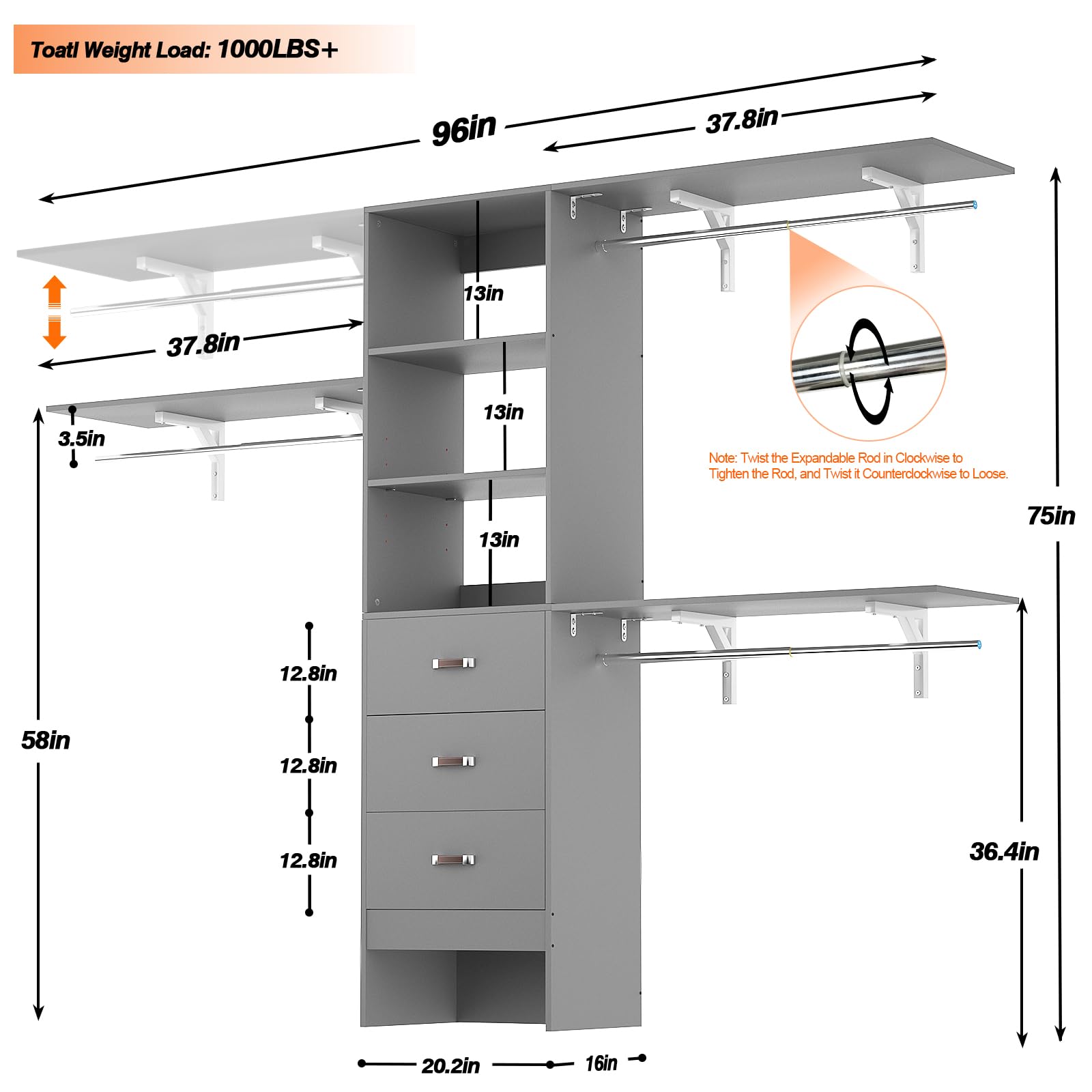 iSunirm 8FT Closet System, 96'' Closet Organizer System with 3 Hanging Rods, Wall Mount Bedroom Wardrobe with 3 Drawers Walk-in Closet, Adjustable Cloth Garment Rack from 5 to 8FT (Cut to Fit), Black