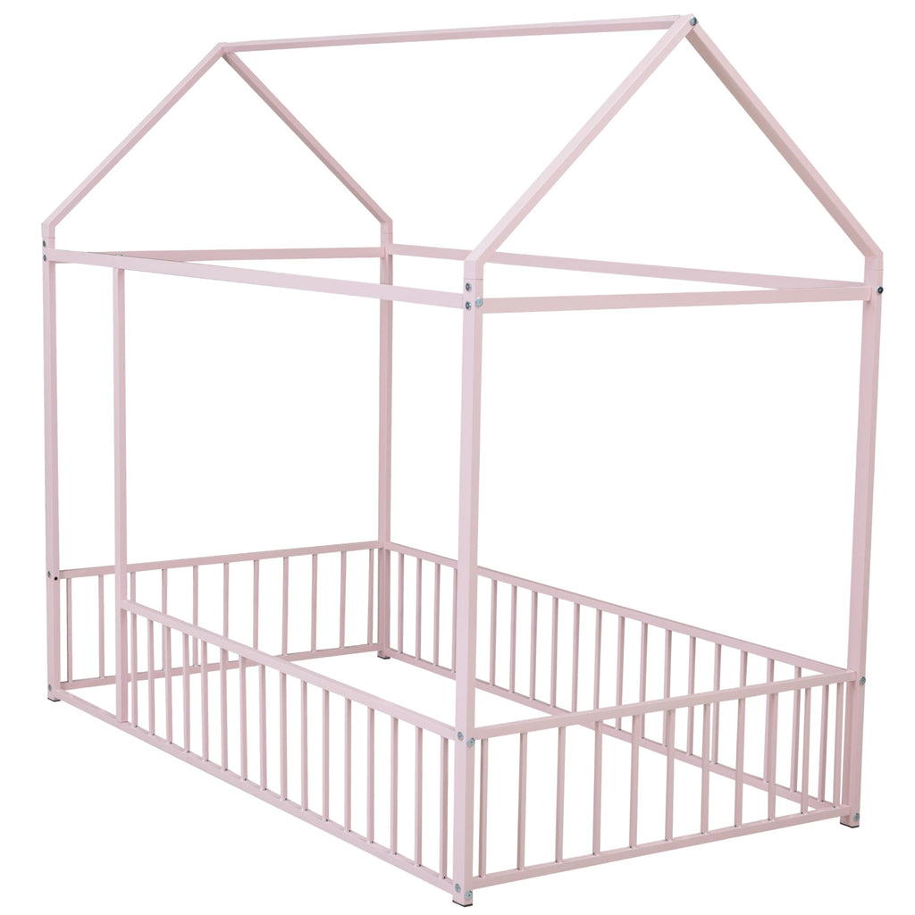 Bellemave Twin Size Montessori Floor Bed, Metal House Bed Framefor Kids, Montessori Floor Beds with Fence, Playhouse for Kids,Black