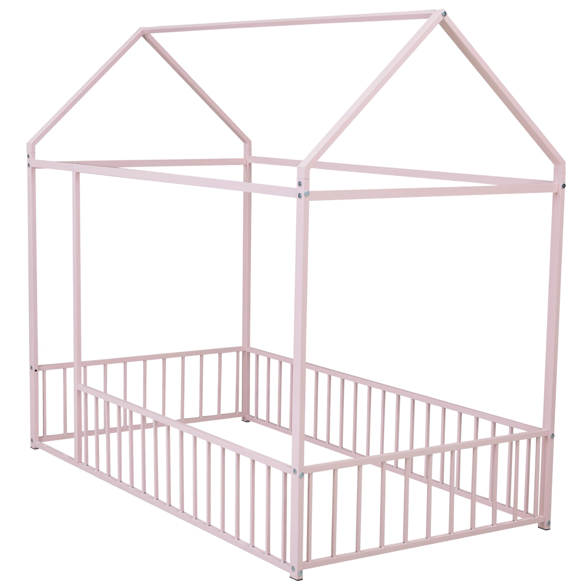 Bellemave Twin Size Montessori Floor Bed, Metal House Bed Framefor Kids, Montessori Floor Beds with Fence, Playhouse for Kids,Black