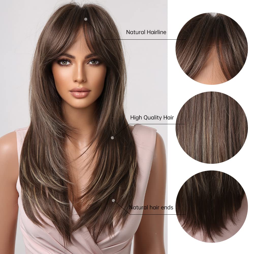 HAIRCUBE Auburn Wigs for Women,Long Layered Orange Wigs with Bangs Heat Resistant Synthetic Fibre Wigs(pelucas de cabello natural)