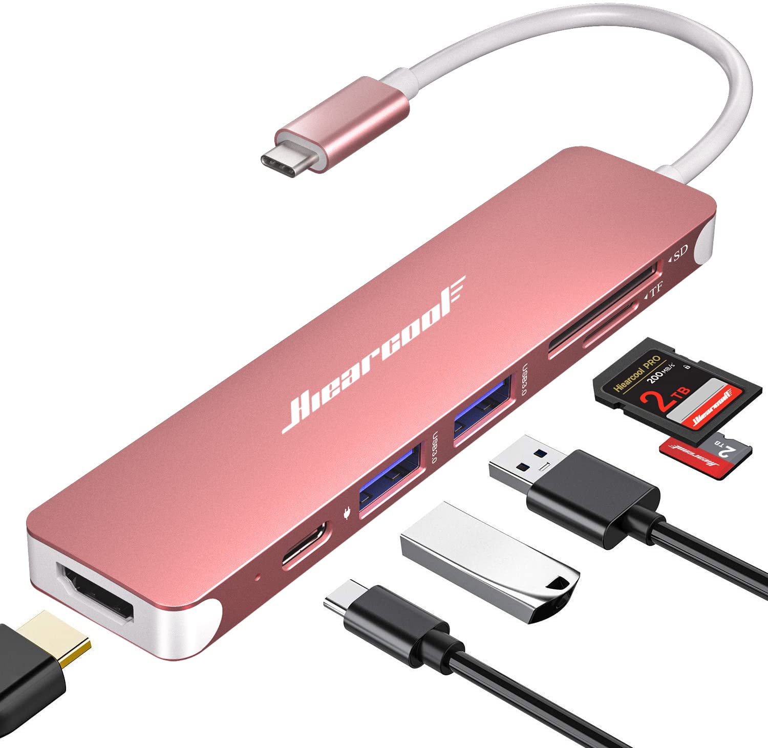 Hiearcool USB C Hub Multi-Port Adapter, 7-in-1 USB-C Dongle with 4K HDMI 100W PD SD/TF Card Reader, USBC Dock Compatible for MacBook Pro/Air Dell XPS Lenovo HP and Other Windows Laptops-Sliver White