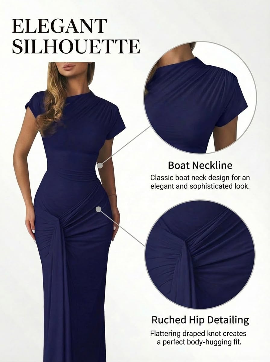 Mojessy Women Bodycon Maxi Dress Sexy Mock Neck Lace Up Bandage Ruched Short Sleeve Long Dress Cocktail Dress