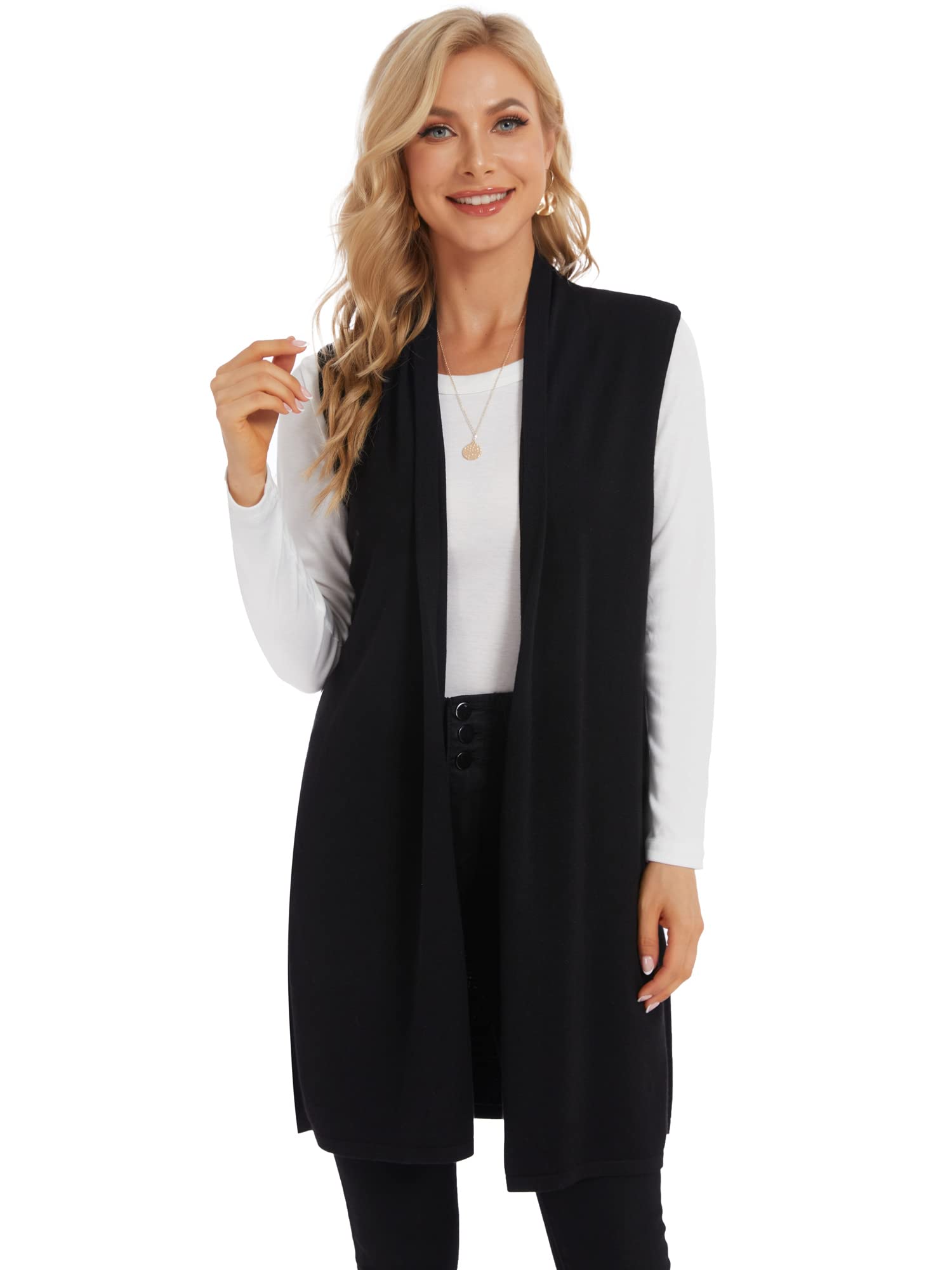 Moss Rose Women's Long Knit Cardigan Vest Casual Sleeveless Open Front Draped Duster Vest (Available in Plus Size)