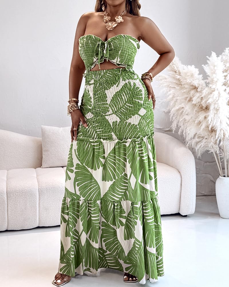 CHICME Floral Printed Vacation Dress Halter Tie Ruched Shirred Bandeau Party Dress Slim Ruffle Hem Wedding Guest Dress