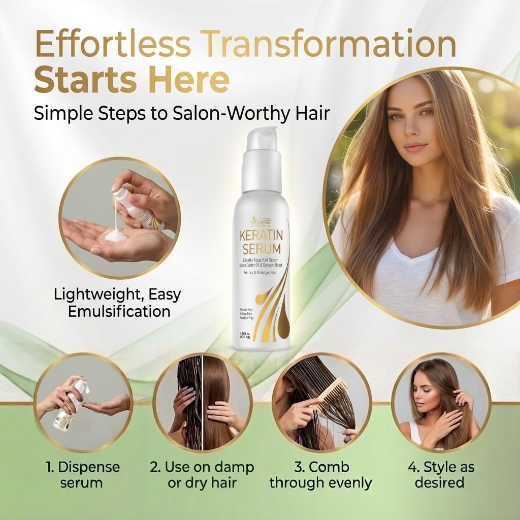 VITAMINS hair cosmetics Keratin Hair Serum with Biotin, Castor Oil & Collagen - Anti-Frizz Heat Protectant & Leave-In Shine Treatment for Dry, Damaged, Color-Treated Hair - 4.25 fl oz (125mL)