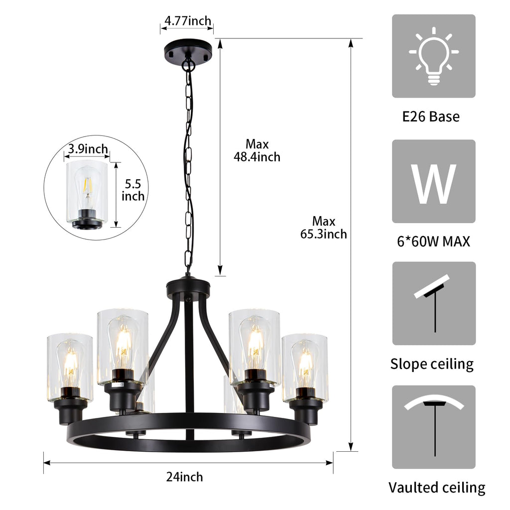 Lanhall 6-Light Modern Dining Room Light Fixture Brushed Nickel Kitchen Chandelier Ceiling Hanging Pendant Lighting with Glass Shade for Living Room Bedroom Entryway Adjustable Height Metal E26