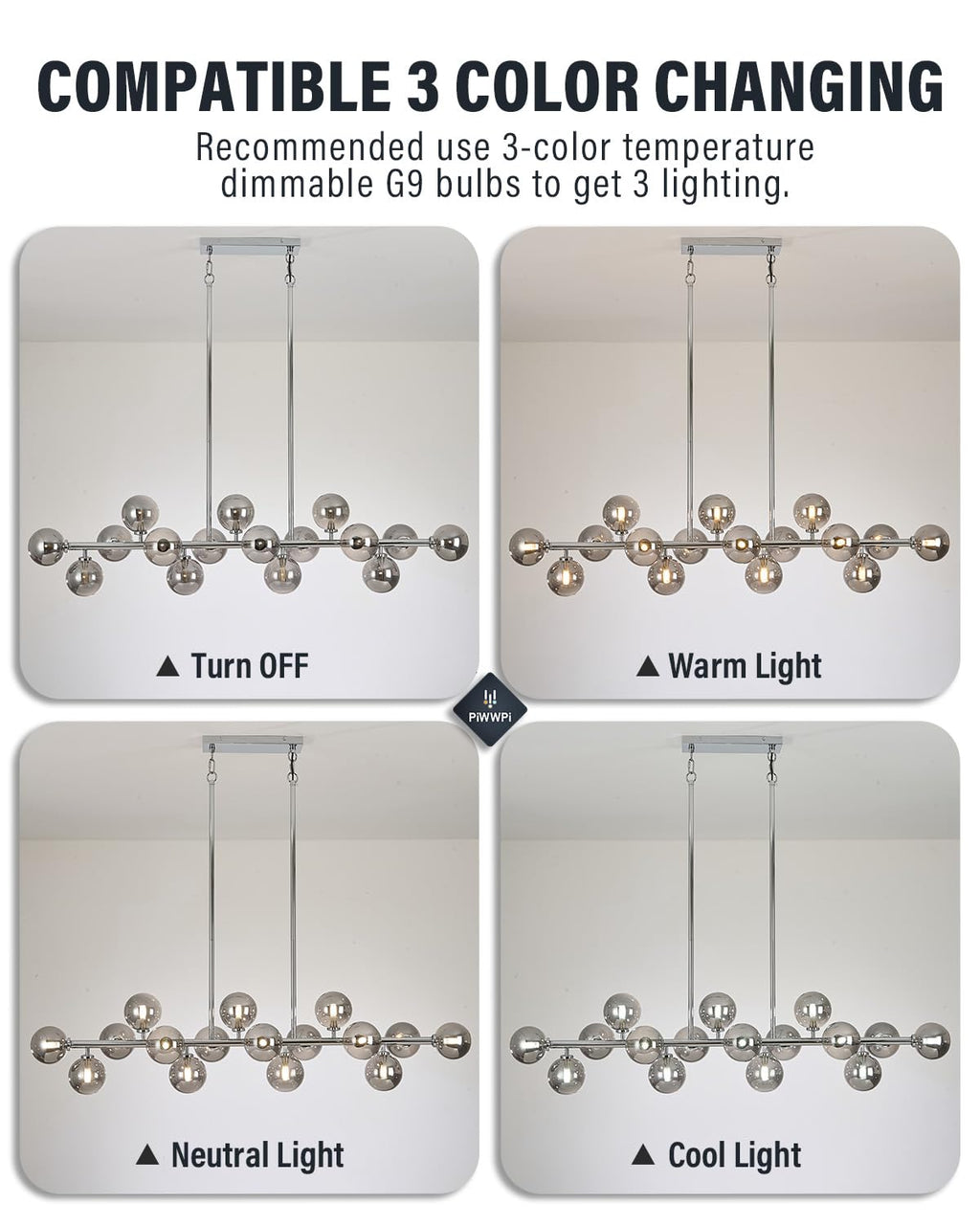 Modern Linear Chandeliers for Dining Room, 8-Light Globe Sputnik Pendant Ceiling Light, Black Dining Room Light Fixture Over Table, Mid Century Glass Milk White Bubble, 31.5 Inch, GC-09