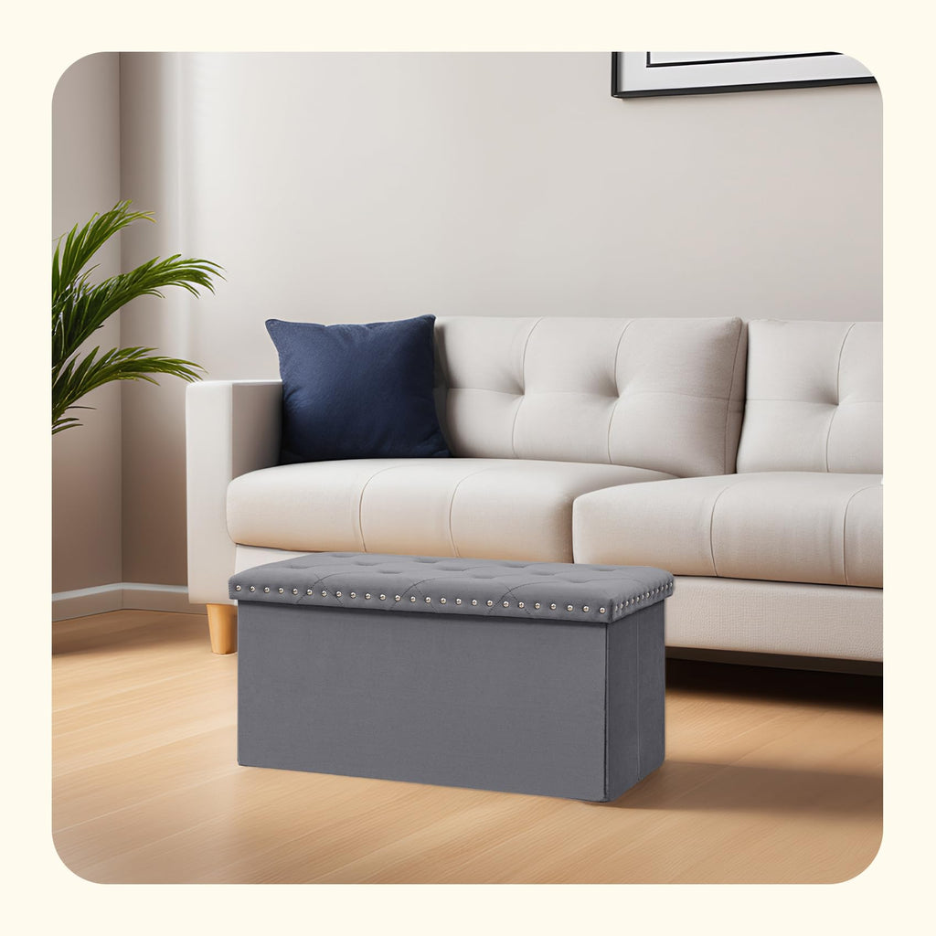 PINPLUS Folding Storage Ottoman Bench, Folding Velvet Tuffed Foot Rest Stool with Rivet, End of Bed Bench Large Long Shoes Chest for Bedroom Entryway Living Room, Beige, 41.3 Inches