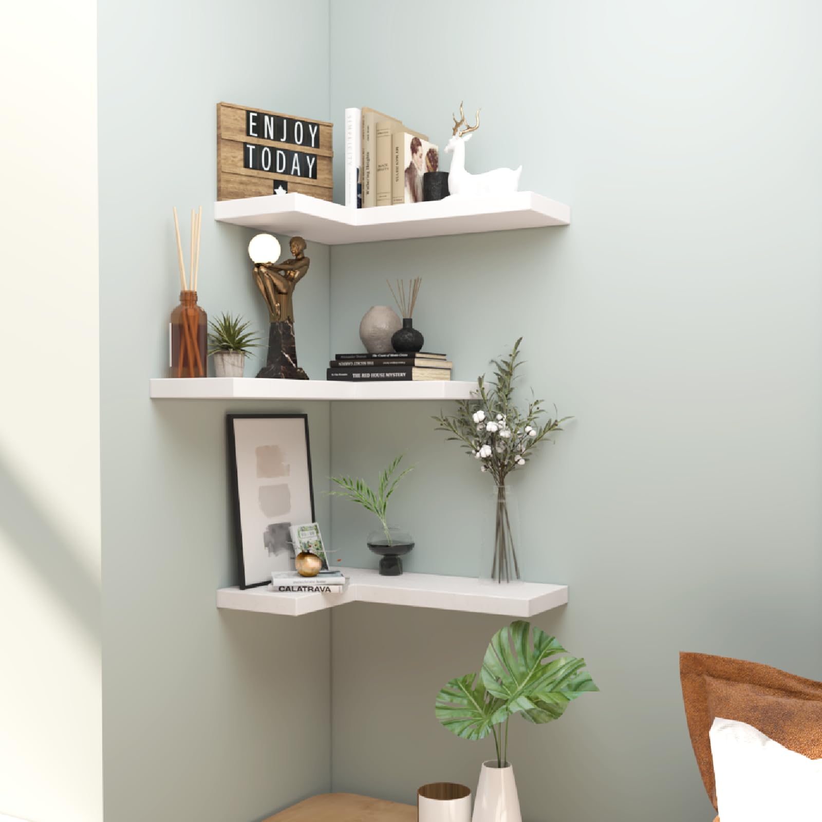 NATURE'S SOURCE Corner Floating Shelves with Invisible Brackets, Corner Shelves Wall Mounted Set of 3, Bedroom Bathroom Kitchen Living Room Office- Gothic Style 16.6" x 6" (Black)