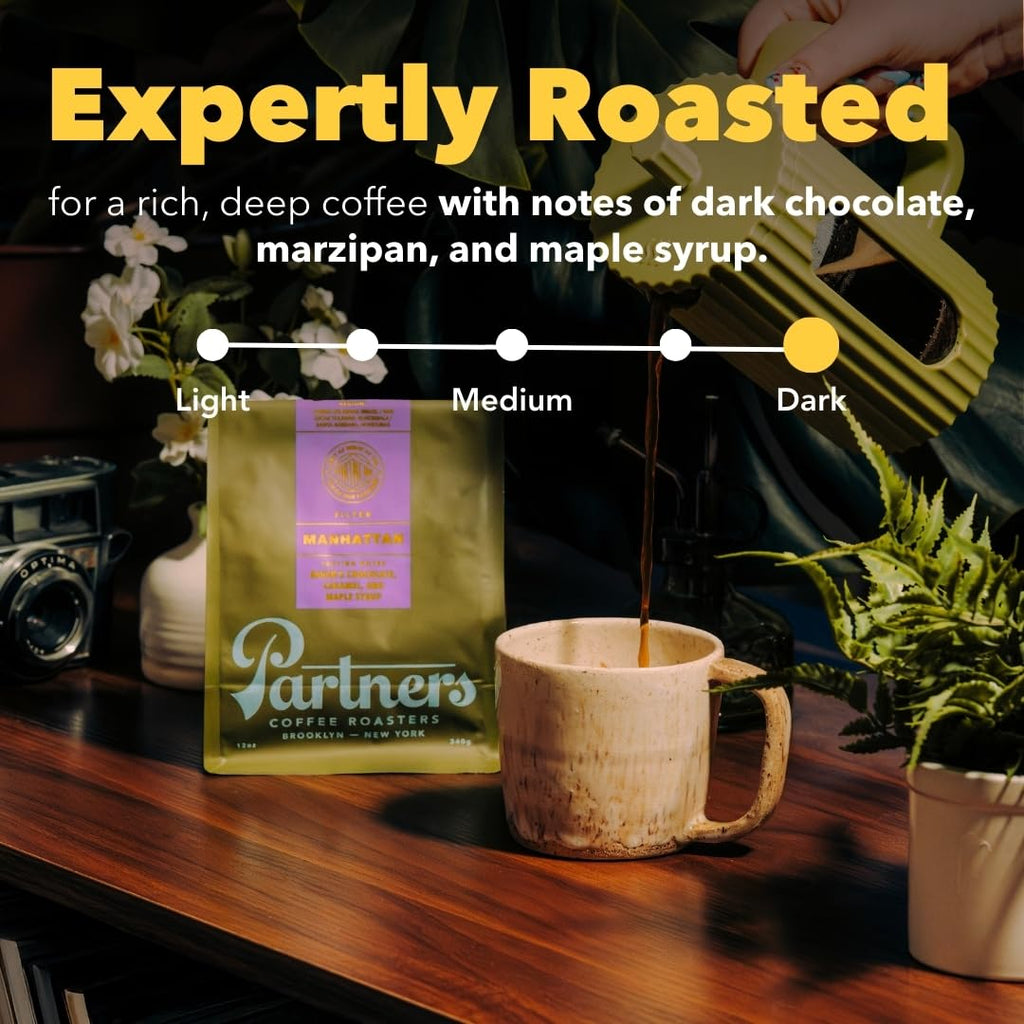 PARTNERS COFFEE ROASTERS - Whole Bean Coffee (Bedford - Espresso, Medium Roast) 12oz - Fruity, Complex, Espresso - Whole Coffee Beans - Lab Tested for Mycotoxins & Heavy Metals - Hand Roasted in NYC