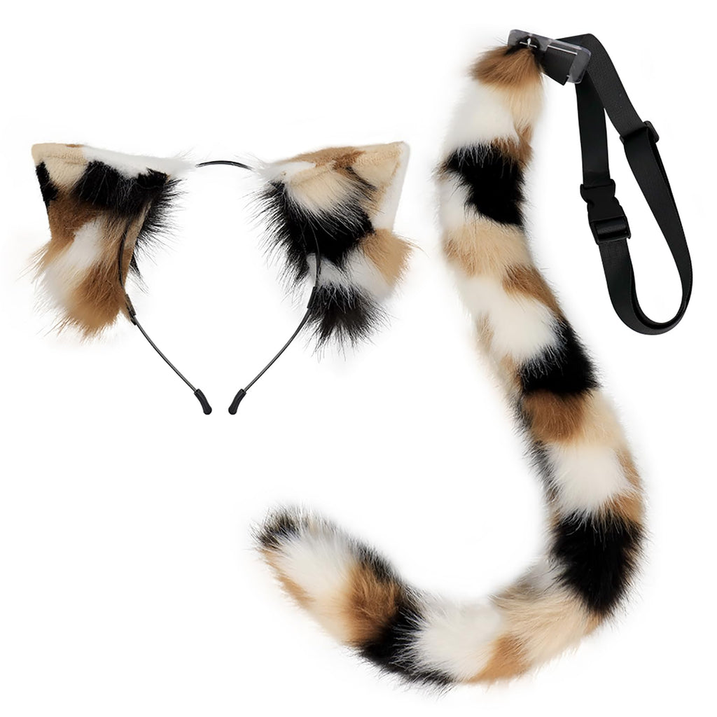 QinRuan Animal Cosplay Costume Accessories Furry Faux Fur Cat Ears Headband and Fox Tail Set Halloween Accessory