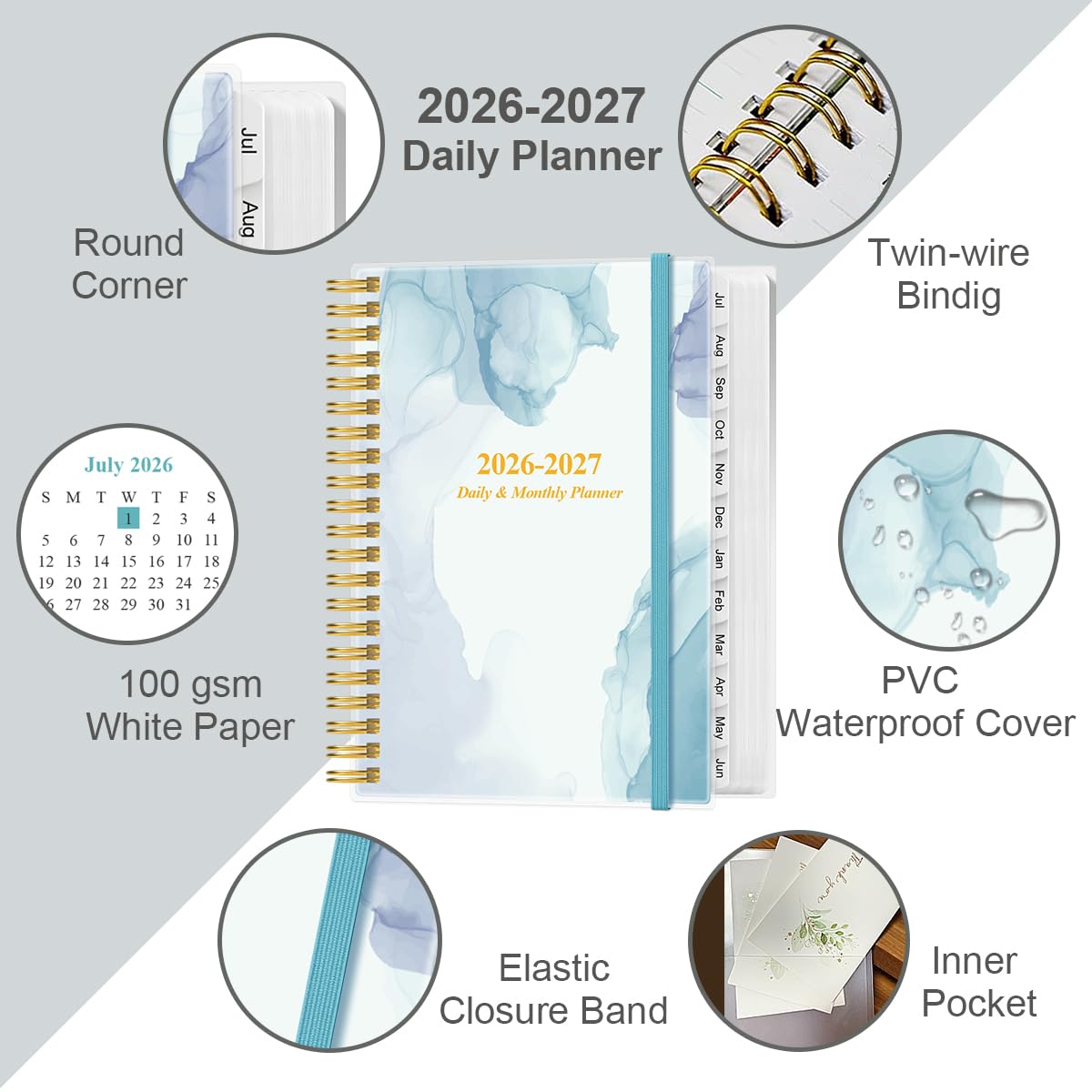 2026-2027 Daily & Monthly Planner - One Page Per Day, Daily Planner from July 2026 to June 2027, Planner 2026-2027 with 12 Monthly Tabs, 6.4" x 8.5", Black