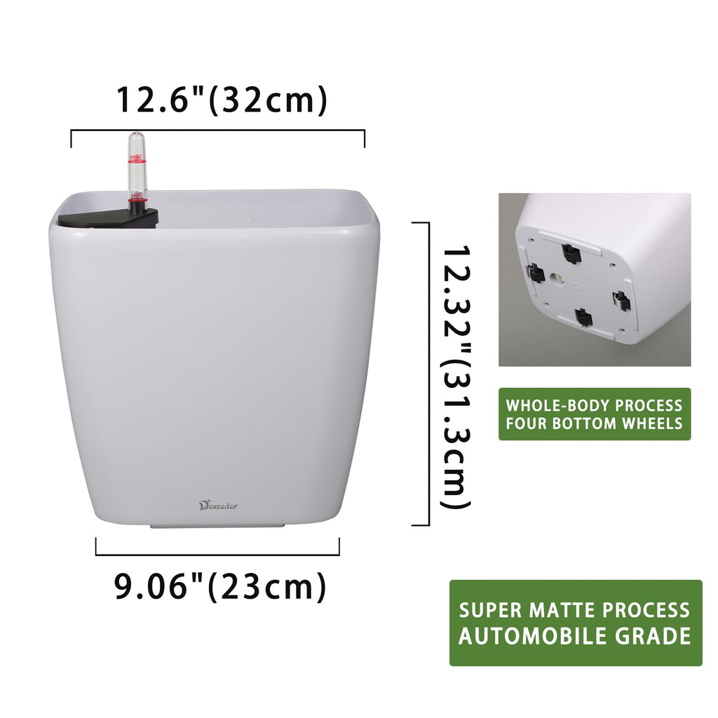 Dexceder 9x8 Self Watering Planter (Black High Gloss) | Inner Mat Design, Thickened Table Flower Plant Pot with Water Level Indicator Indoor Outdoor