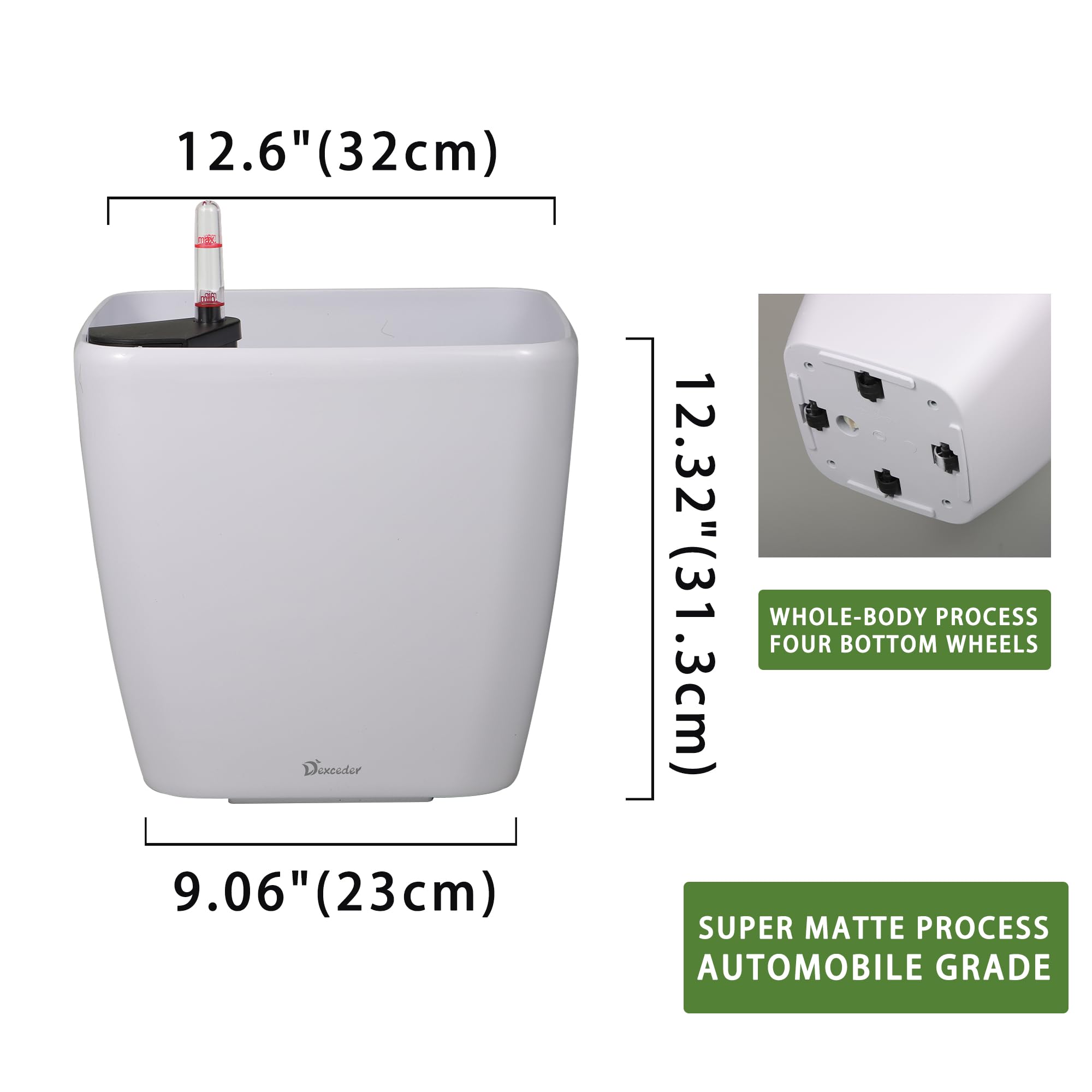 Dexceder 9x8 Self Watering Planter (Black High Gloss) | Inner Mat Design, Thickened Table Flower Plant Pot with Water Level Indicator Indoor Outdoor