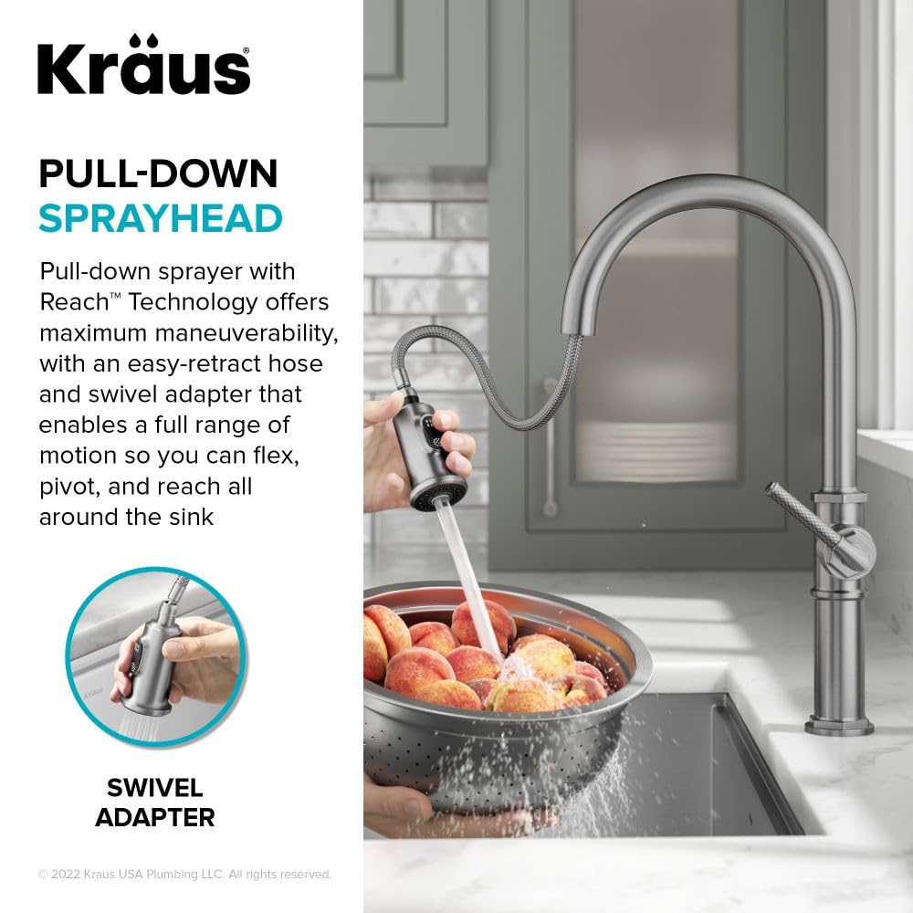 KRAUS Allyn Transitional Bridge Kitchen Faucet with Pull-Down Sprayhead in Brushed Gold, KPF-3121BG