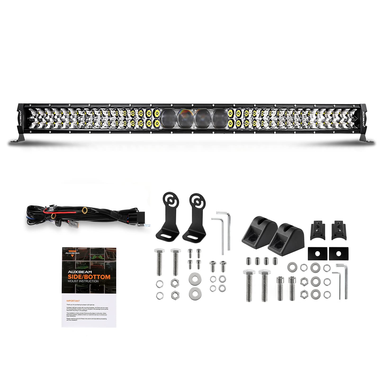 Auxbeam 12Inch Led Light Bar 100W 12000LM 5D Pro Lens Off Road Driving Light Spot Flood Combo Fog Light with 10FT Wiring Harness Kit (Professional Grade Outdoor Lighting Source P8 LED)