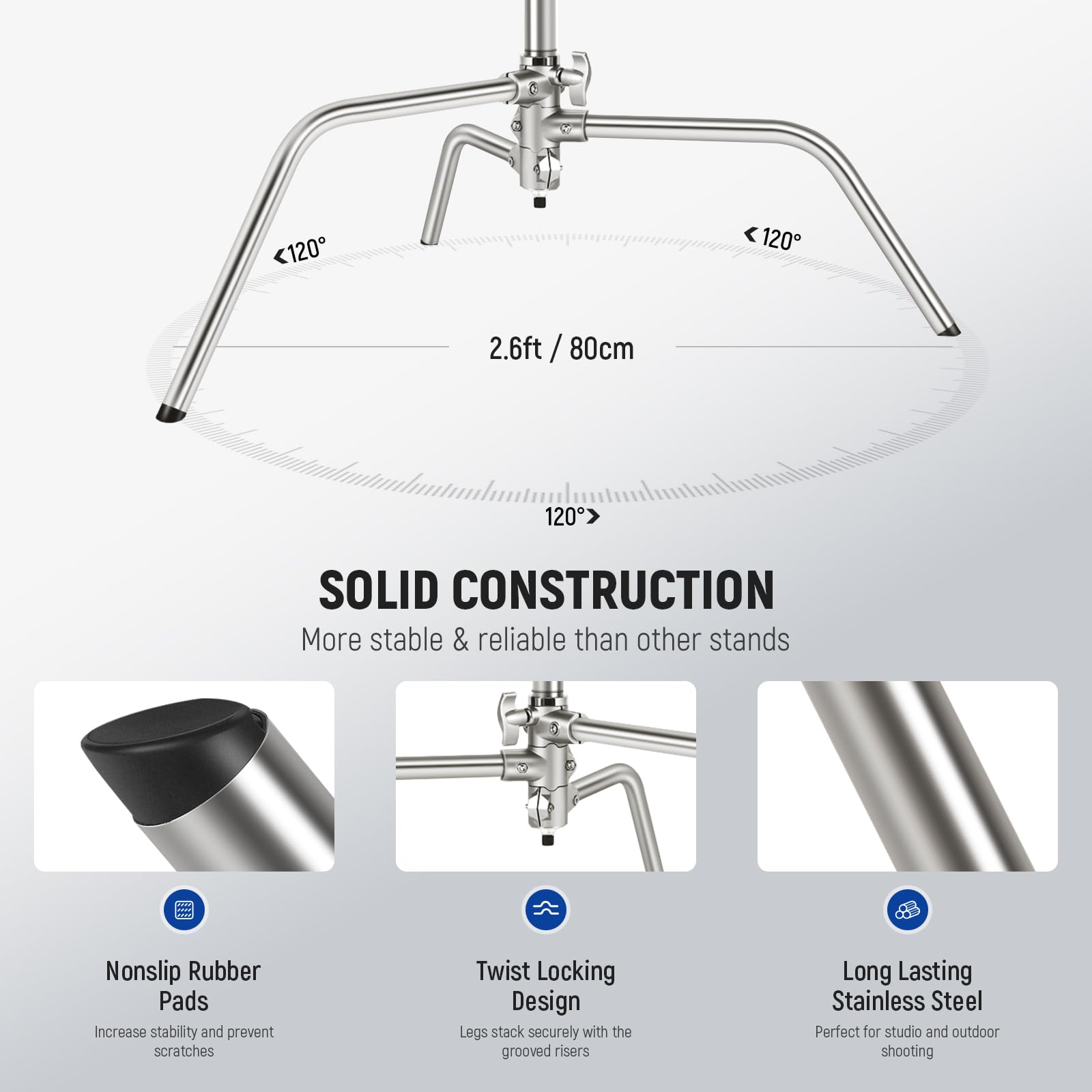 NEEWER Pro 100% Stainless Steel Heavy Duty C Stand with Boom Arm, Max Height 68"/172cm Photography Light Stand with 2.7ft/83cm Holding Arm, 2 Grip Head for Studio Monolight, Softbox, Reflector, SC172