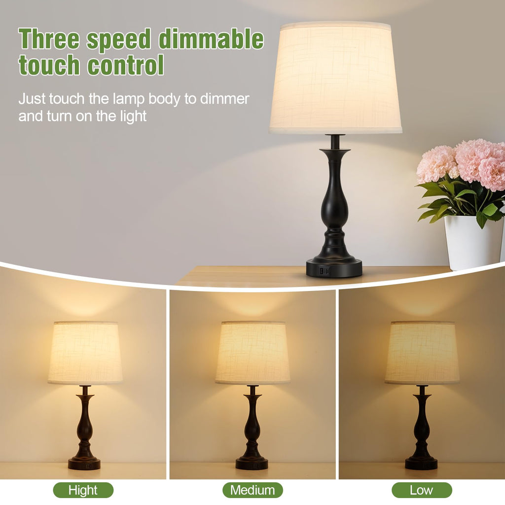 Bedside Table Lamp Touch Control Bedroom Lamps with USB A and C Charging Port 3 Way Dimmable Touch Lamps for Nightstand Living Room Bedroom Dorm Home Office Reading, Set of 2
