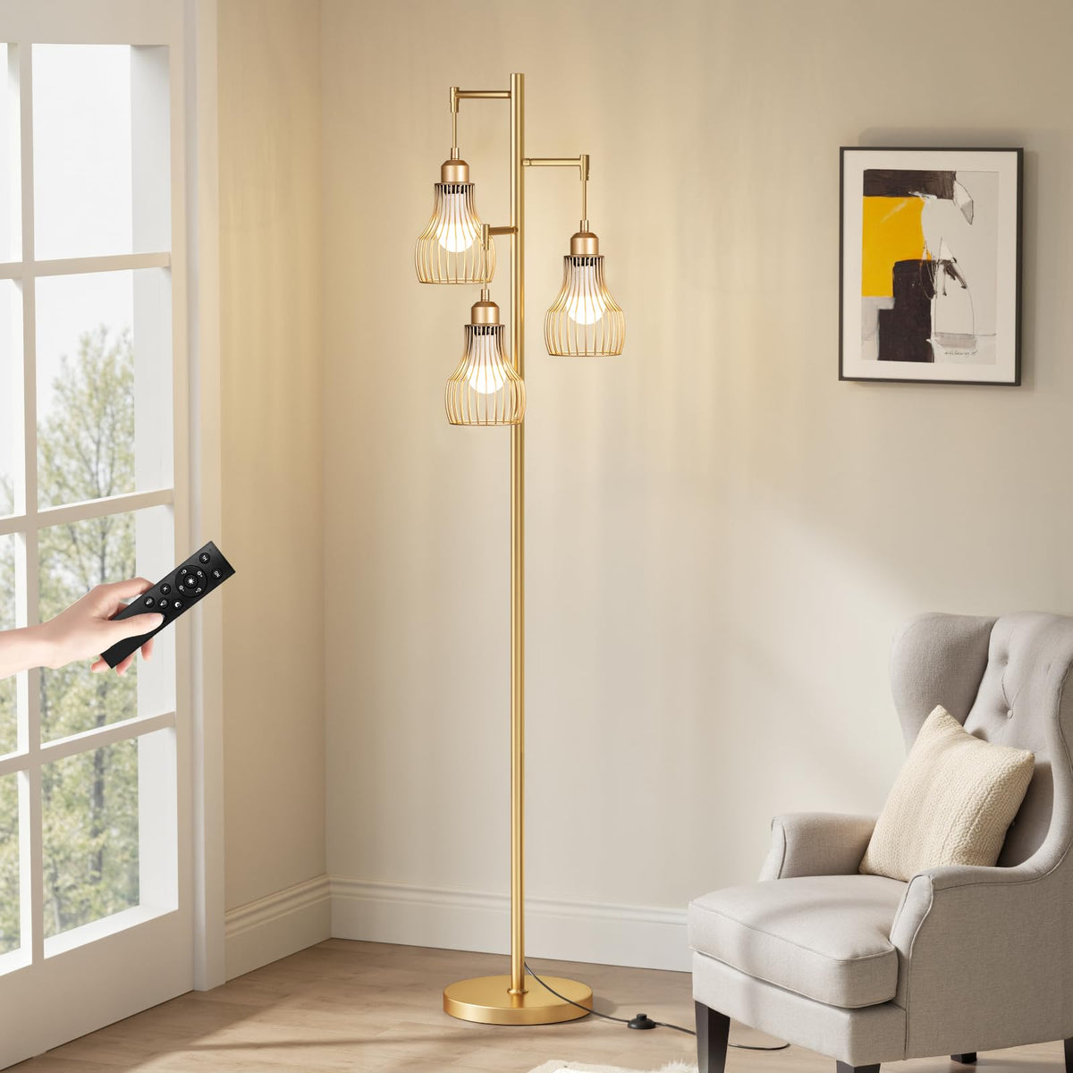 Ziisee Dimmable Floor Lamps for Living Room, Industrial Tree Standing Tall Lamps with 3 Elegant Cage Shade & 800 Lumens LED Bulbs for Bedroom Office - Brown
